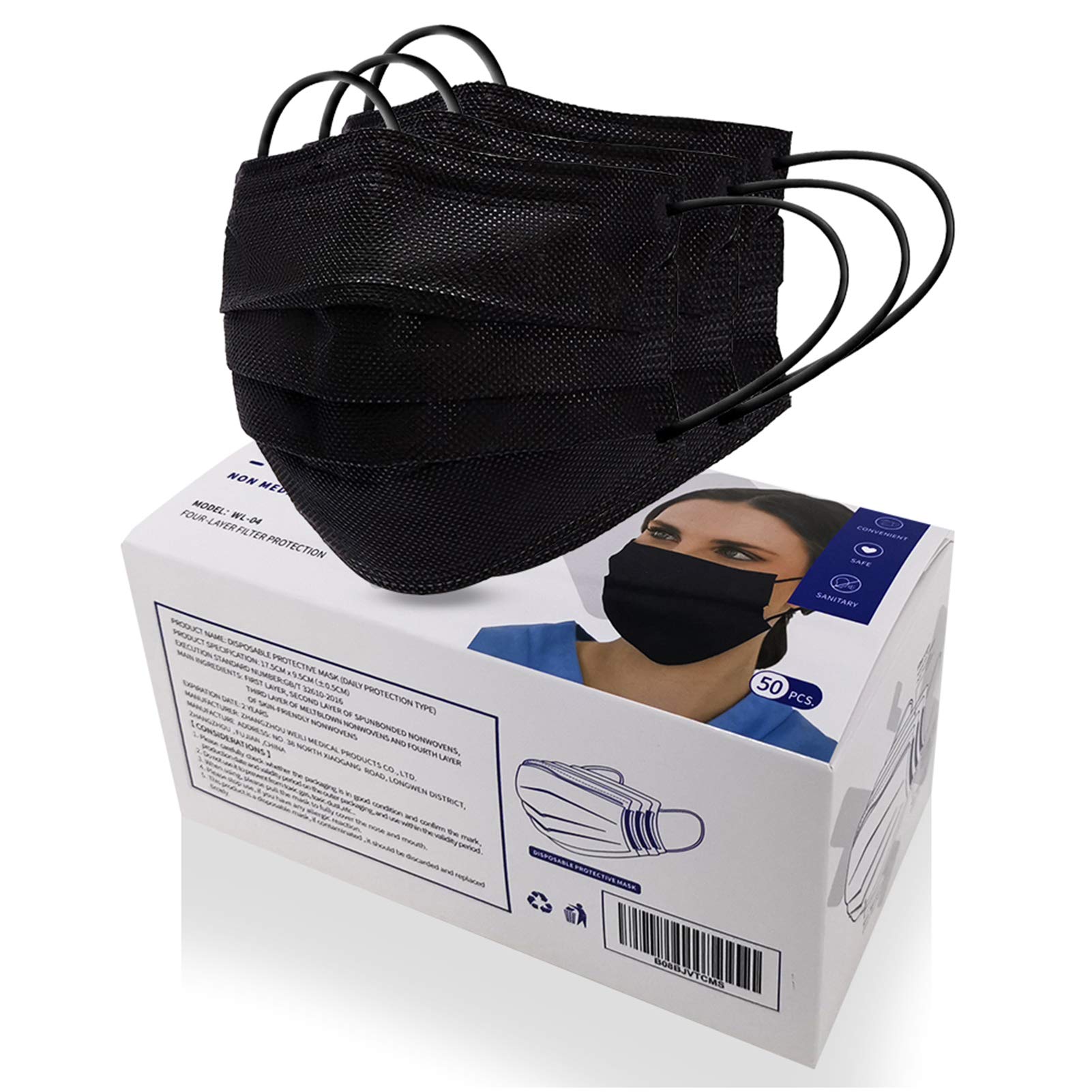 MSAAEX 50 Pcs Disposable 4-ply Non-woven Face Mask, Black Masks - Product Imagery