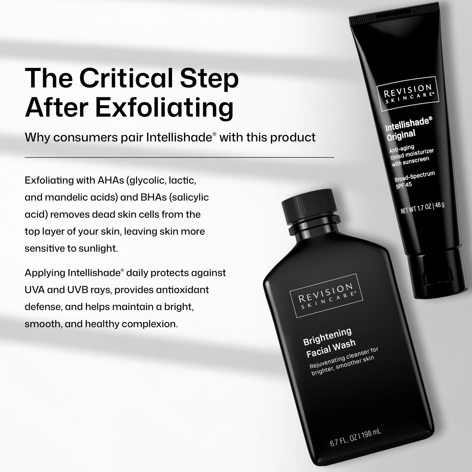 Revision Skincare Brightening Face Wash with AHA and BHA exfoliants, showing the cleanser bottle with a clean, bright design.