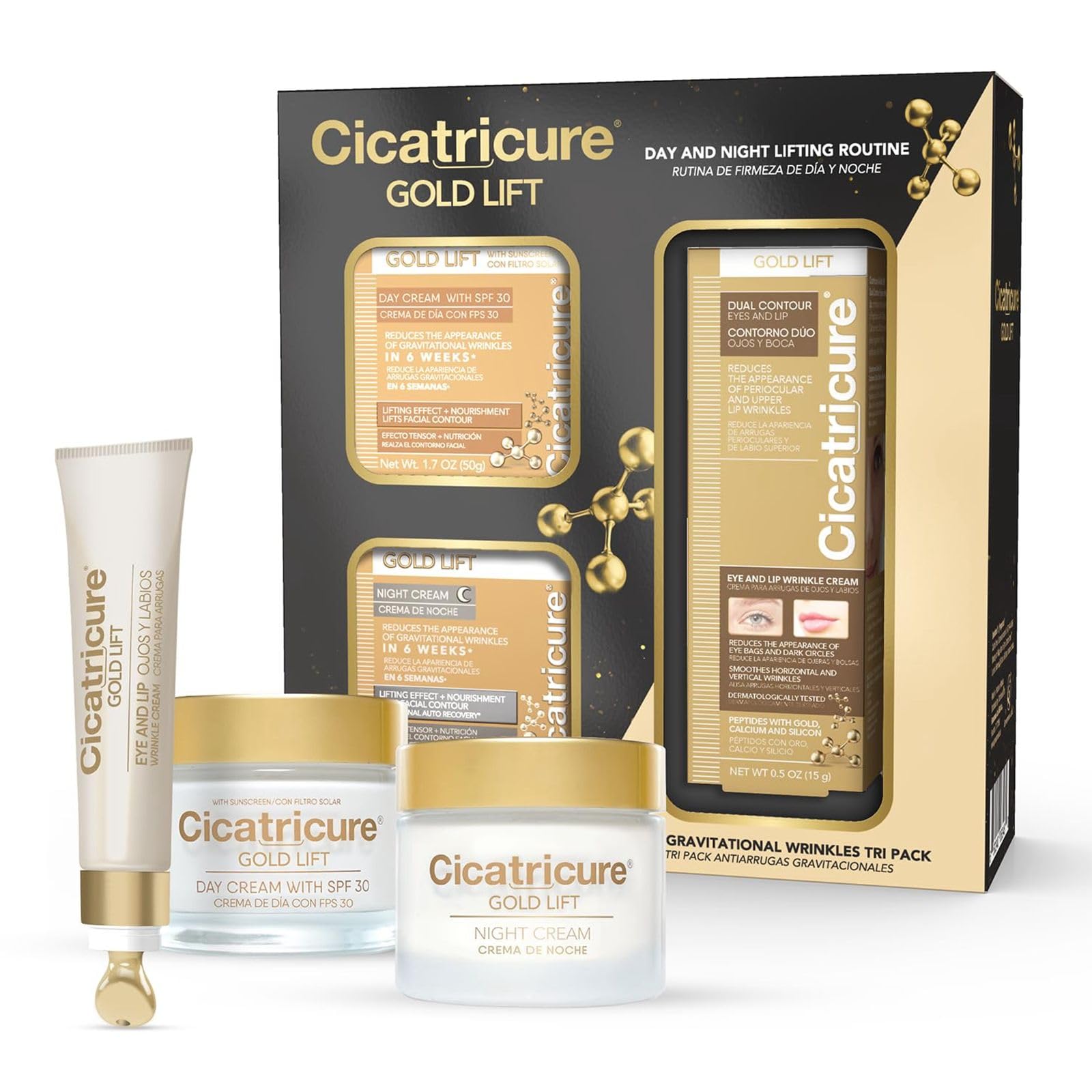 Cicatricure Gold Lift Anti Aging Gift Set, Day, Night & Eye Cream, 3-Pack