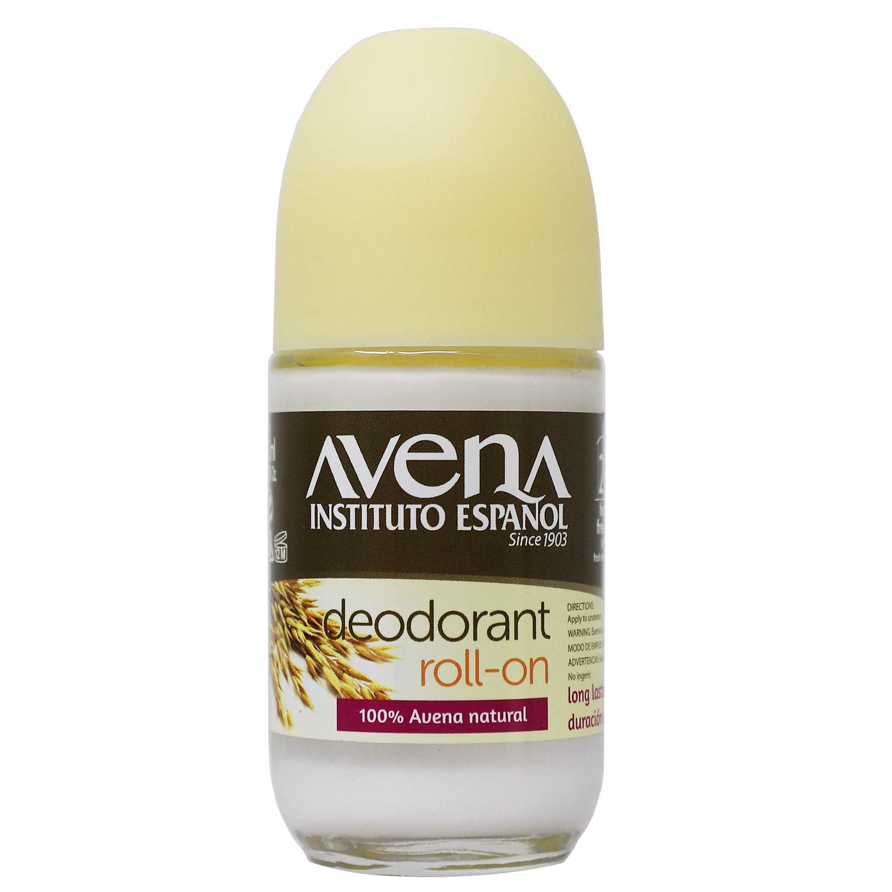 Instituto Español Avena Roll-On Deodorant in 2.5 fl oz bottle, pack of four, natural skin-soothing body deodorant.