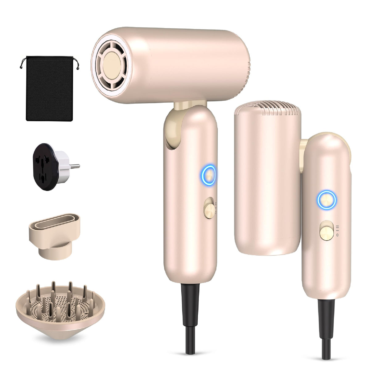 StyleVibe High-Speed Dual Voltage Foldable Travel Hair Dryer – Champagne Gold, Acrylonitrile Butadiene Styrene, Ceramic,