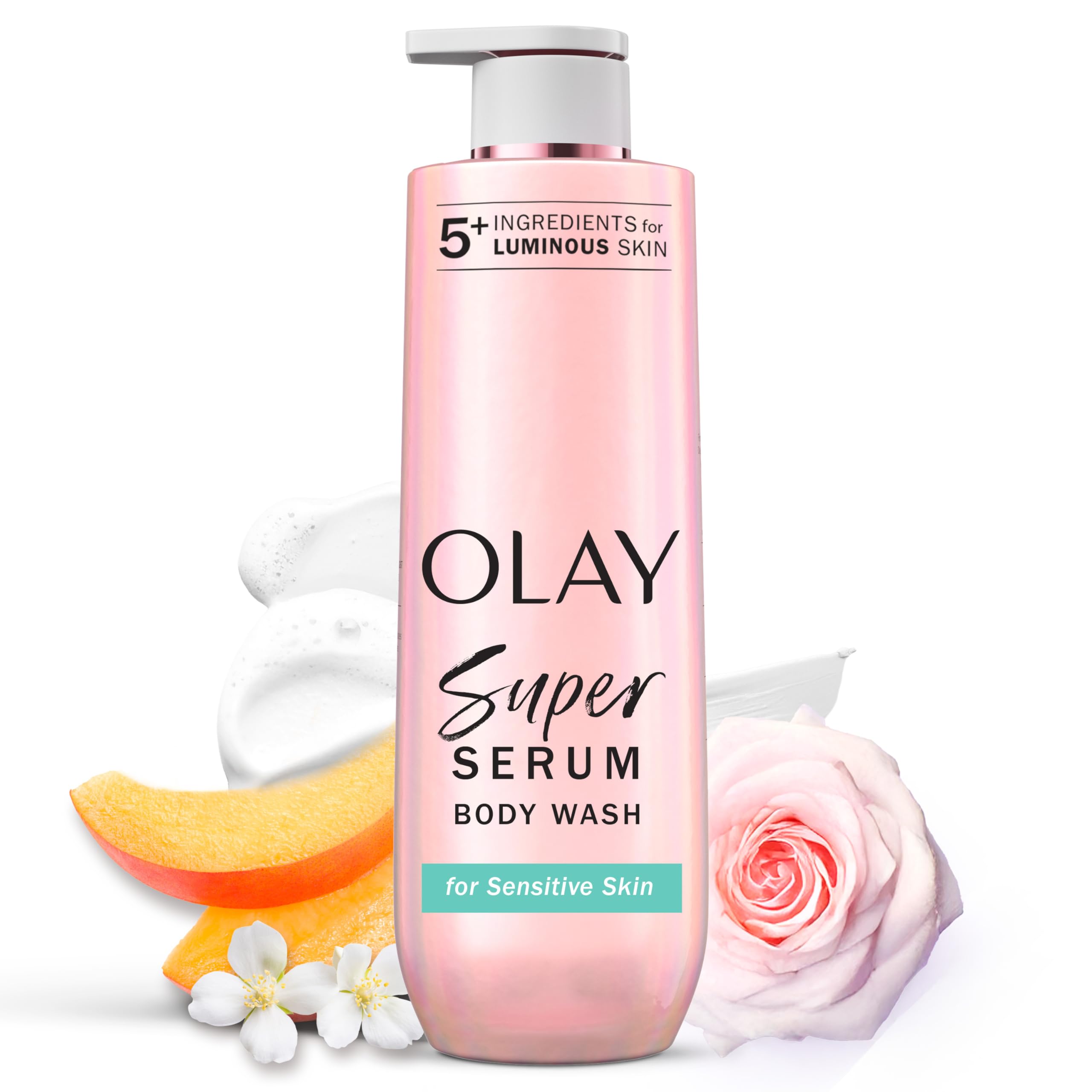 Olay Super Serum Body Wash for sensitive skin with collagen peptides, vitamin B5, and shea butter, in a 20 fl oz bottle.