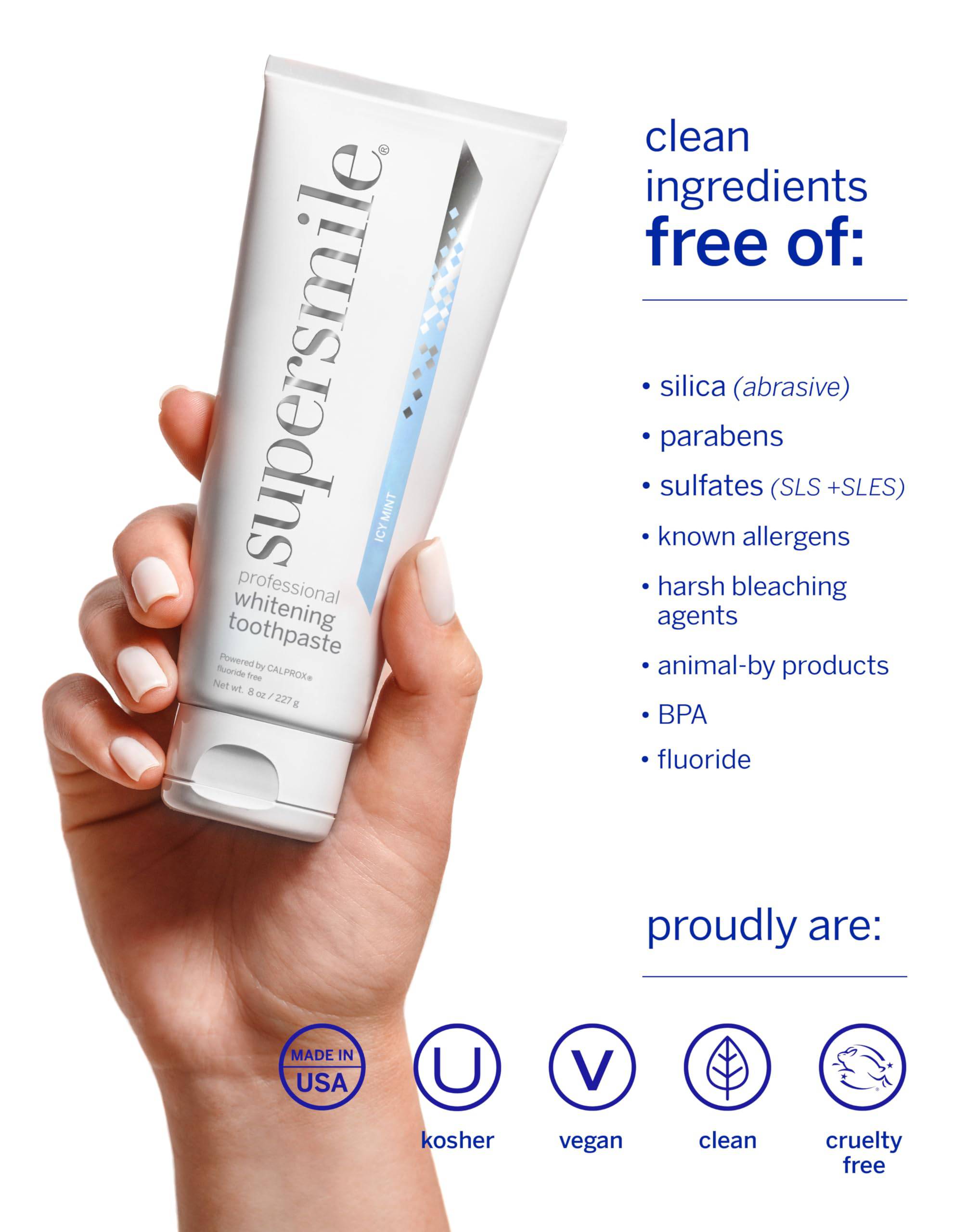 Supersmile ICY Mint whitening toothpaste in 8 oz tube, fluoride-free, showing the toothpaste tube with mint flavor branding.