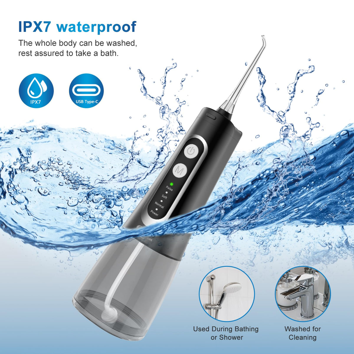 JNGOODS Cordless Water Dental Flosser Oral irrigator,JNGOODS 300ml Rechargeable Water flosser for Teeth IPX7 Waterproof 
