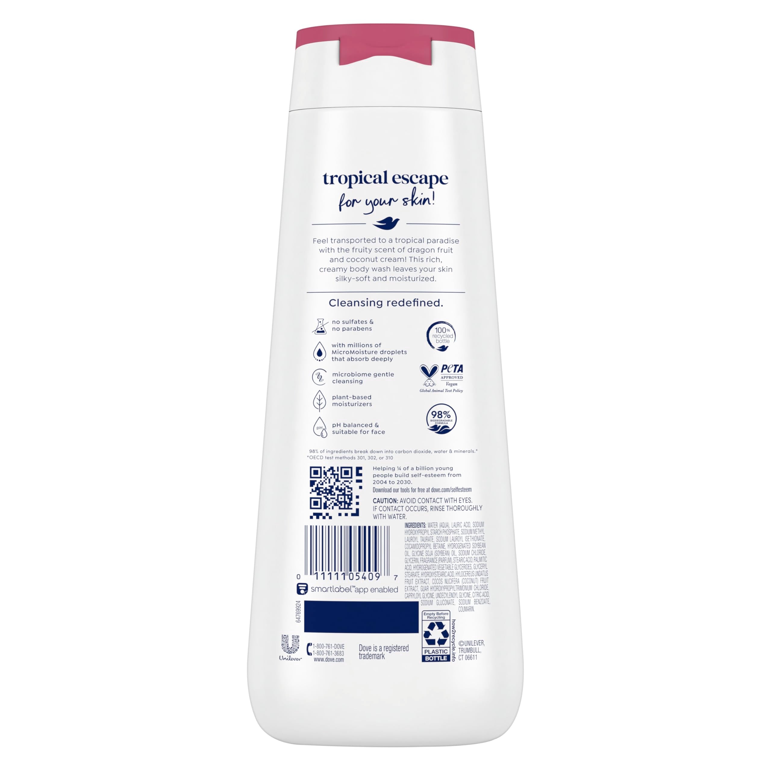 Dove body wash four-pack with Dragon Fruit and Coconut Cream scent, featuring bottles with vibrant labels and creamy textures.