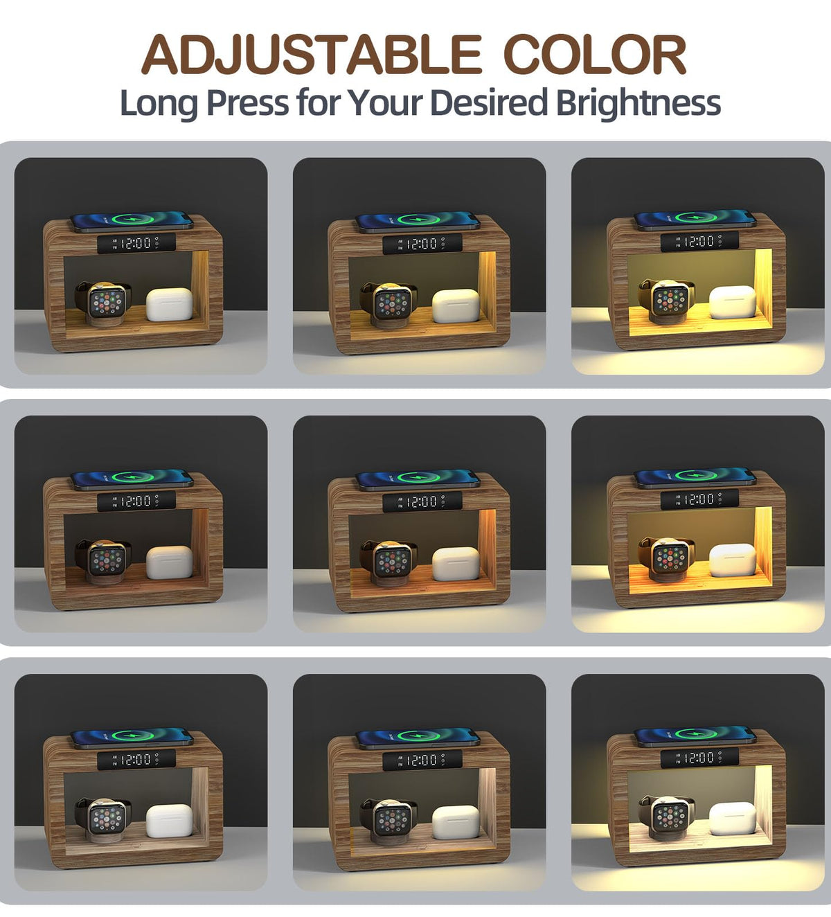 Alltripal Bamboo Charging Station for Multiple Devices, 15W Fast Wireless Charger Night Light with 3 Color& 4 Adjustable