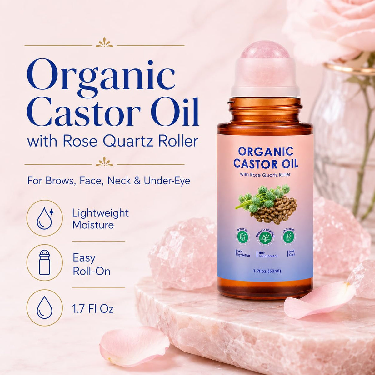 Zotreval Organic Castor Oil Rose Quartz Roll-On, Cold-Pressed, 50 mL, 2 Pack – packaging and label