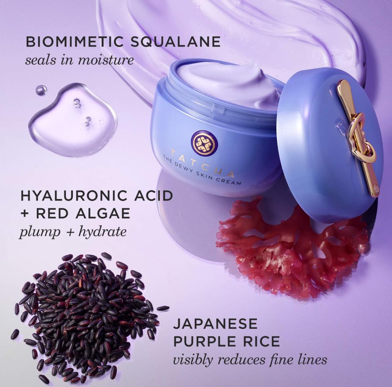 TATCHA The Dewy Skin Cream Rich moisturizer jar showing the luxurious skincare product with a silver lid and elegant packaging
