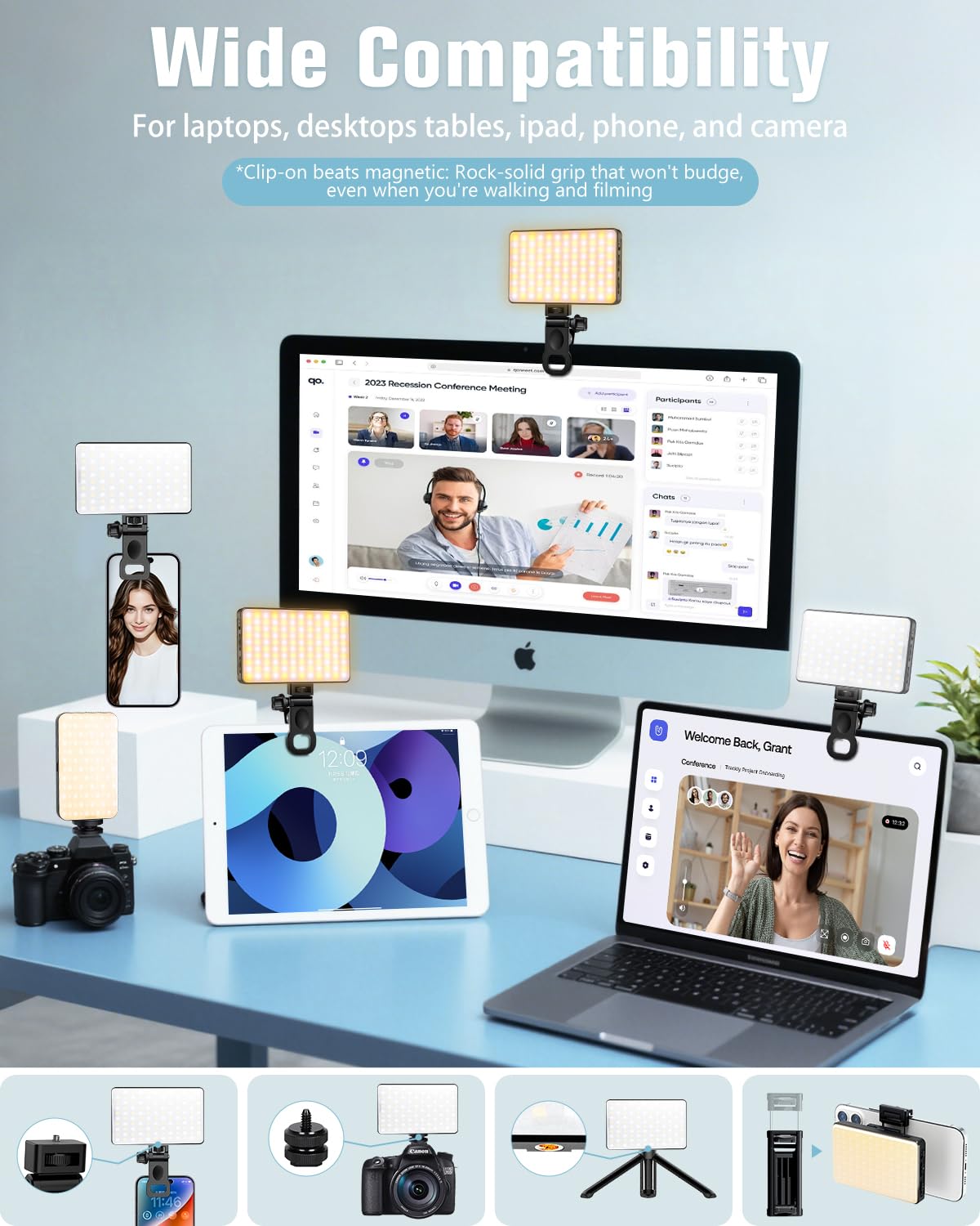 Auriani 168 LED Phone Light, Selfie Light for iPhone/iPad/Camera, Portable Video Conference Lighting with Clip, Recharge