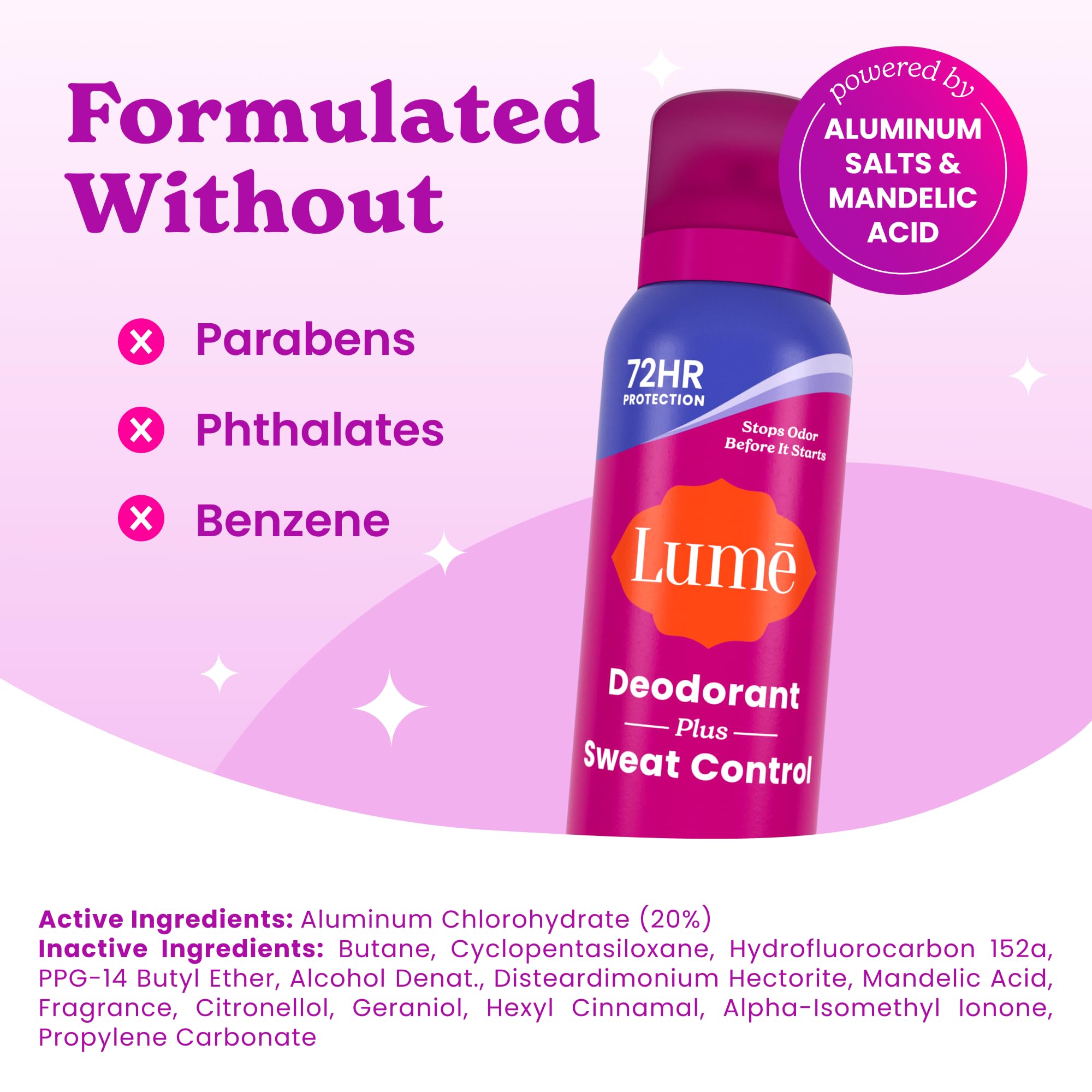 Lume Sweat Control Deodorant Spray 2-pack in soft powder scent, natural body deodorant for odor and moisture control.