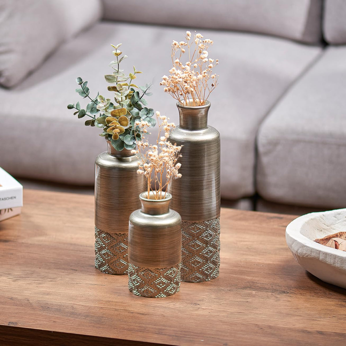 Creative Scents Dublin Silver Vases - Set of 3 Vases for Flowers, Decorative Vases, Farmhouse Decor, Premium Décor, Cent