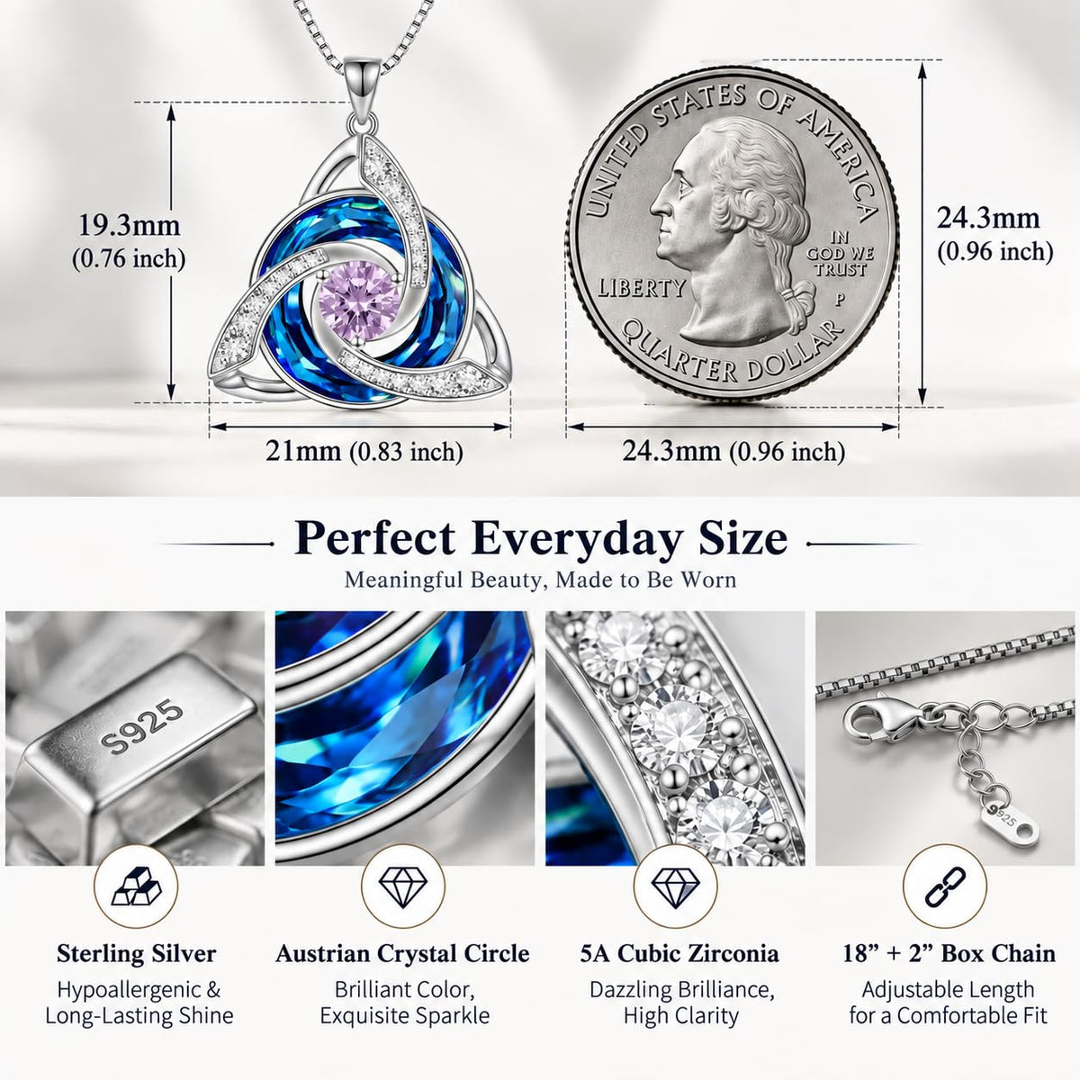 HOTIE Celtic Birthstone Necklace for Women, S925 Sterling Silver Trinity Knot – full view, size Medium