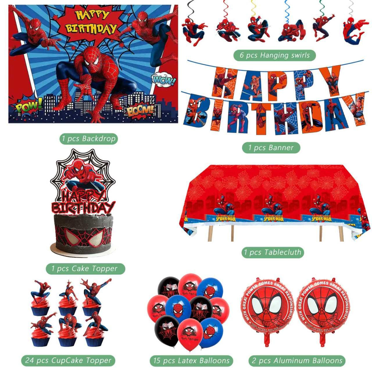 TOCKFIT 51PCS spidey birthday party supplies, backdrop, "Happy Birthday" banner,tablecloth, large aluminum ballo