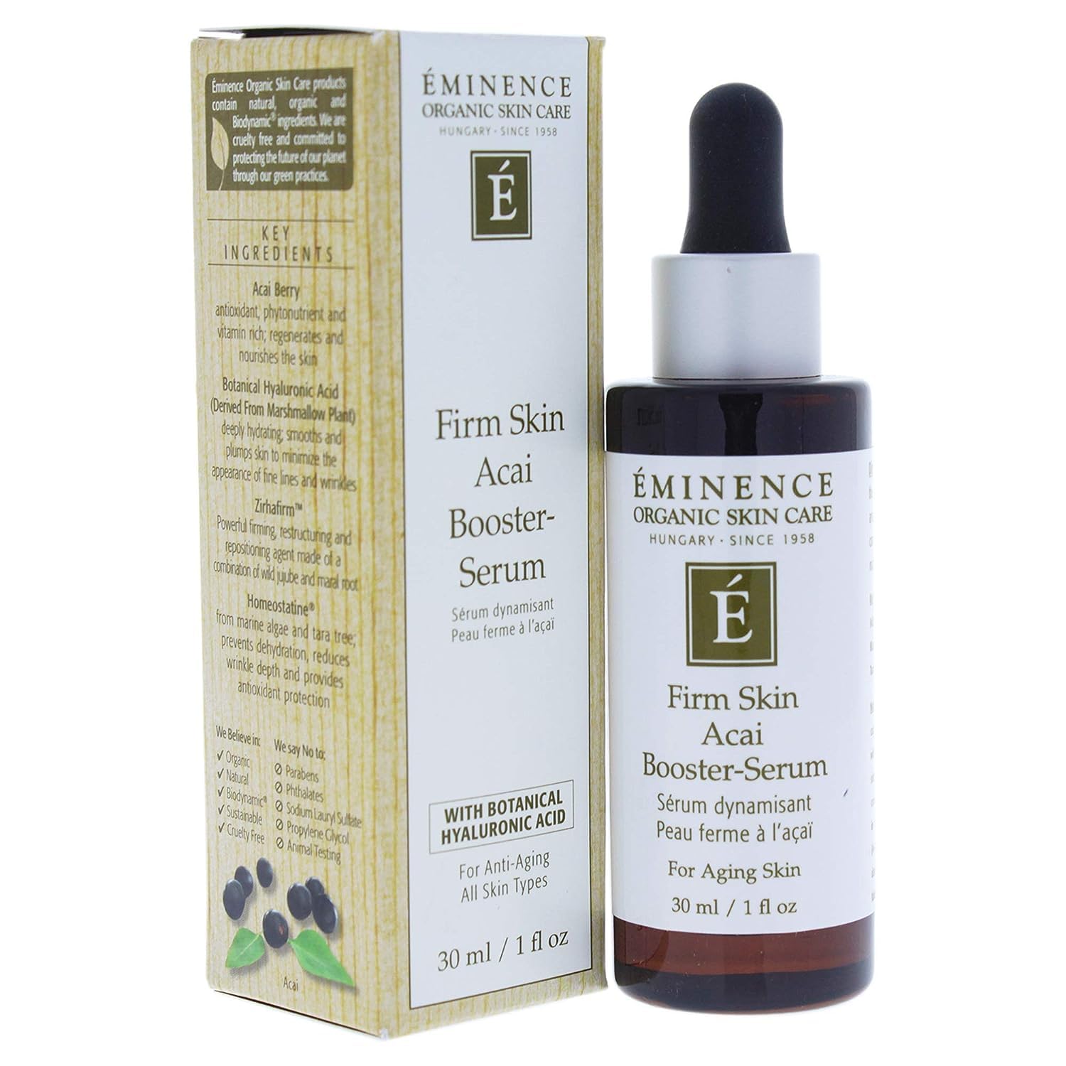 Eminence Firm Skin Acai Booster Serum in 1 oz bottle, natural skincare serum for firm and glowing skin, unisex product.