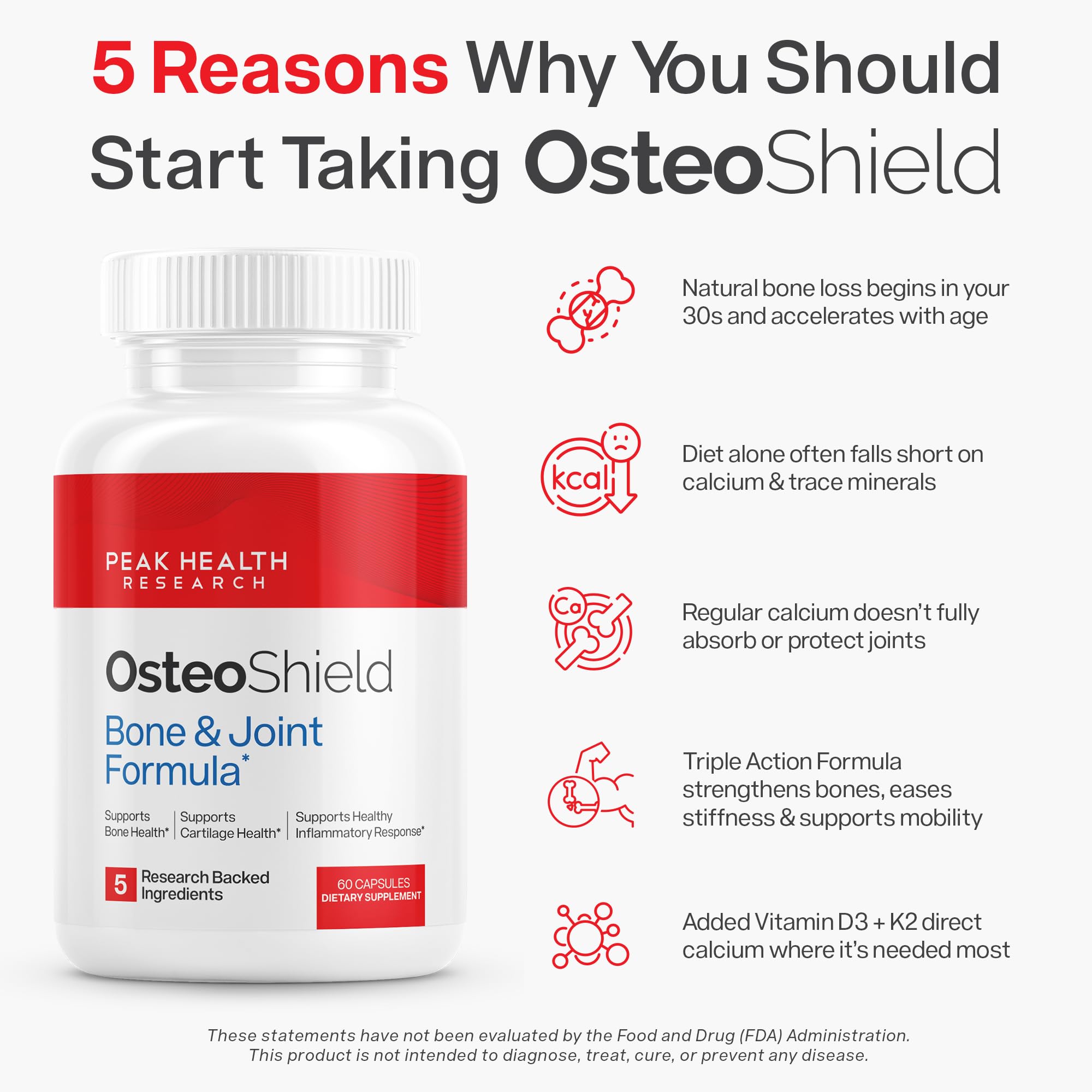 OsteoShield Peak Health Research - Bone & Joint Formula - Calcium Supplements for Women & Men with Vitamin D3, K2 & Aquamin - Triple Action Formula for Better Bone Health - 60 Capsules