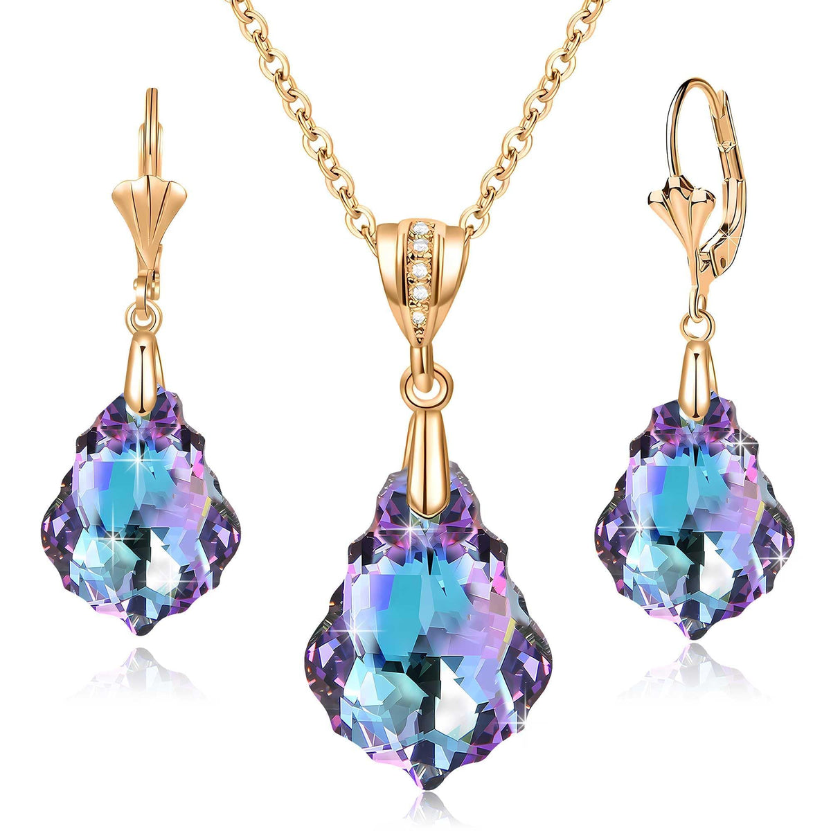 EVEVIC Austrian Crystals Baroque Pendant Necklace Earrings for Women 14K Gold Plated Hypoallergenic Leverback Drop Dangl