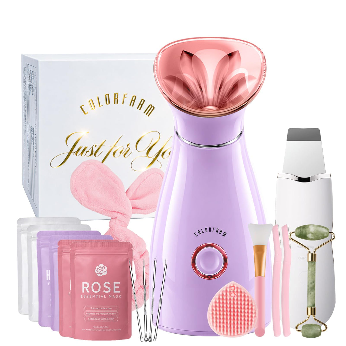 Colorfarm Facial Steamer Spa Kit with 17 Tools, Skin Care Gifts for Women – Set1- Taro Purple, Plastic