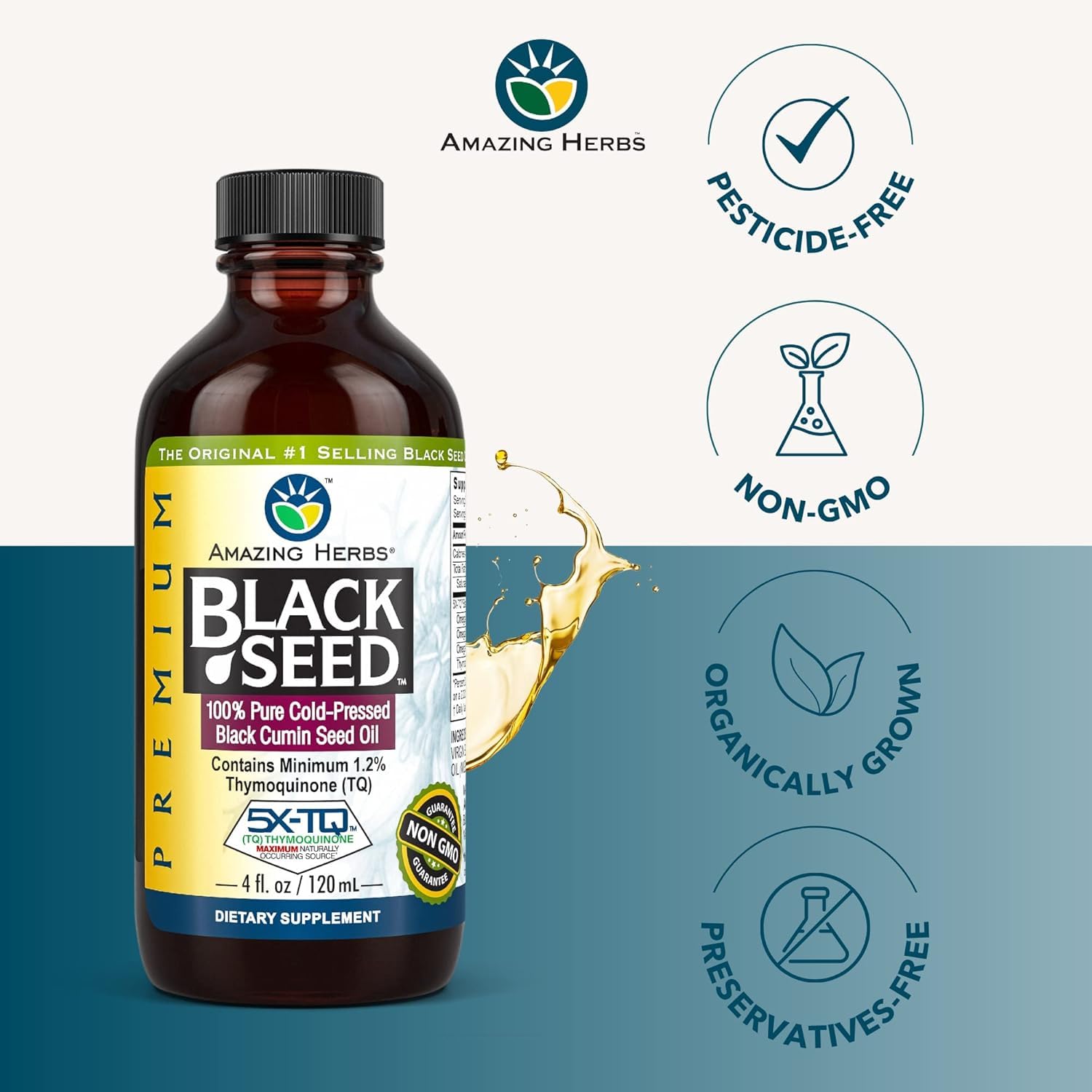 Amazing Herbs Premium Black Seed Oil Liquid - 4 Fl Oz Glass Bottle