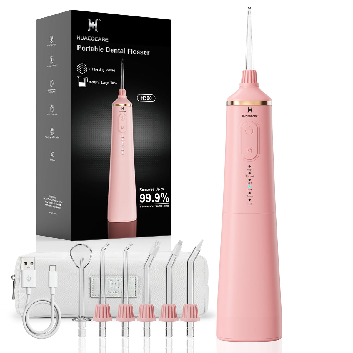 HUACO CARE Upgraded Water Flosser 300ml Large Tank, 5 Modes Professional Cordless Oral Irrigator, High-Pressure Pulse Wa
