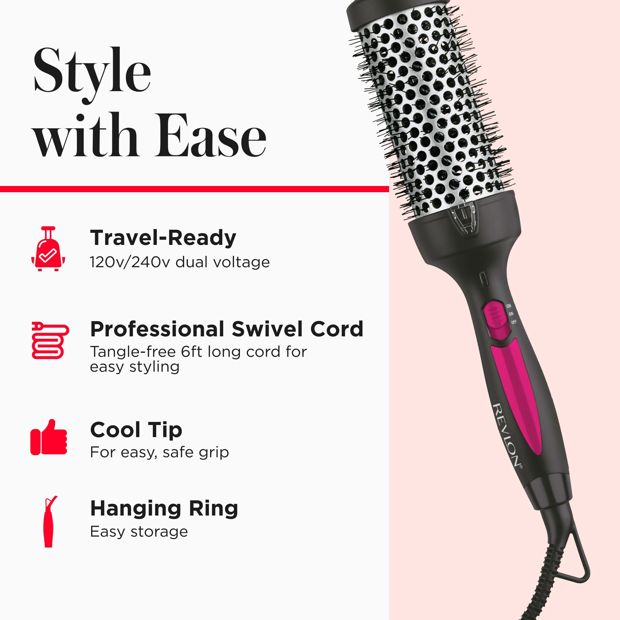 Revlon Perfect Match Hot Styler 1¾-inch heated brush for styling and drying hair, showcasing the brush's bristles and handle.