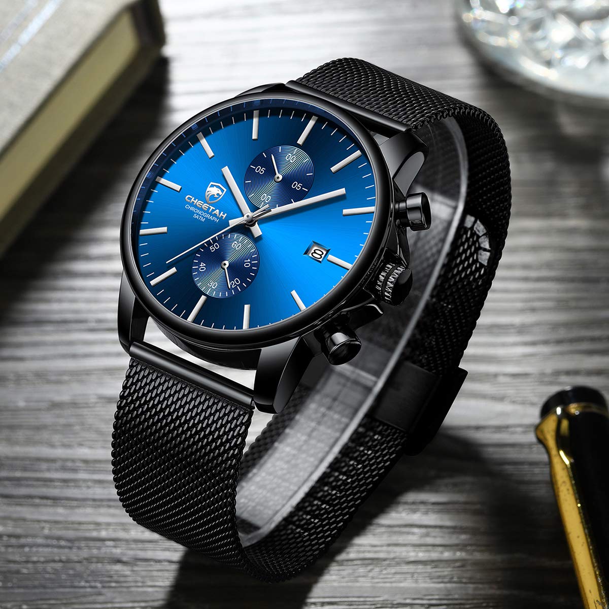 GOLDEN HOUR Mens Watch Fashion Sleek Minimalist Quartz Analog Mesh Stainless Steel Waterproof Chronograph Watches for Me