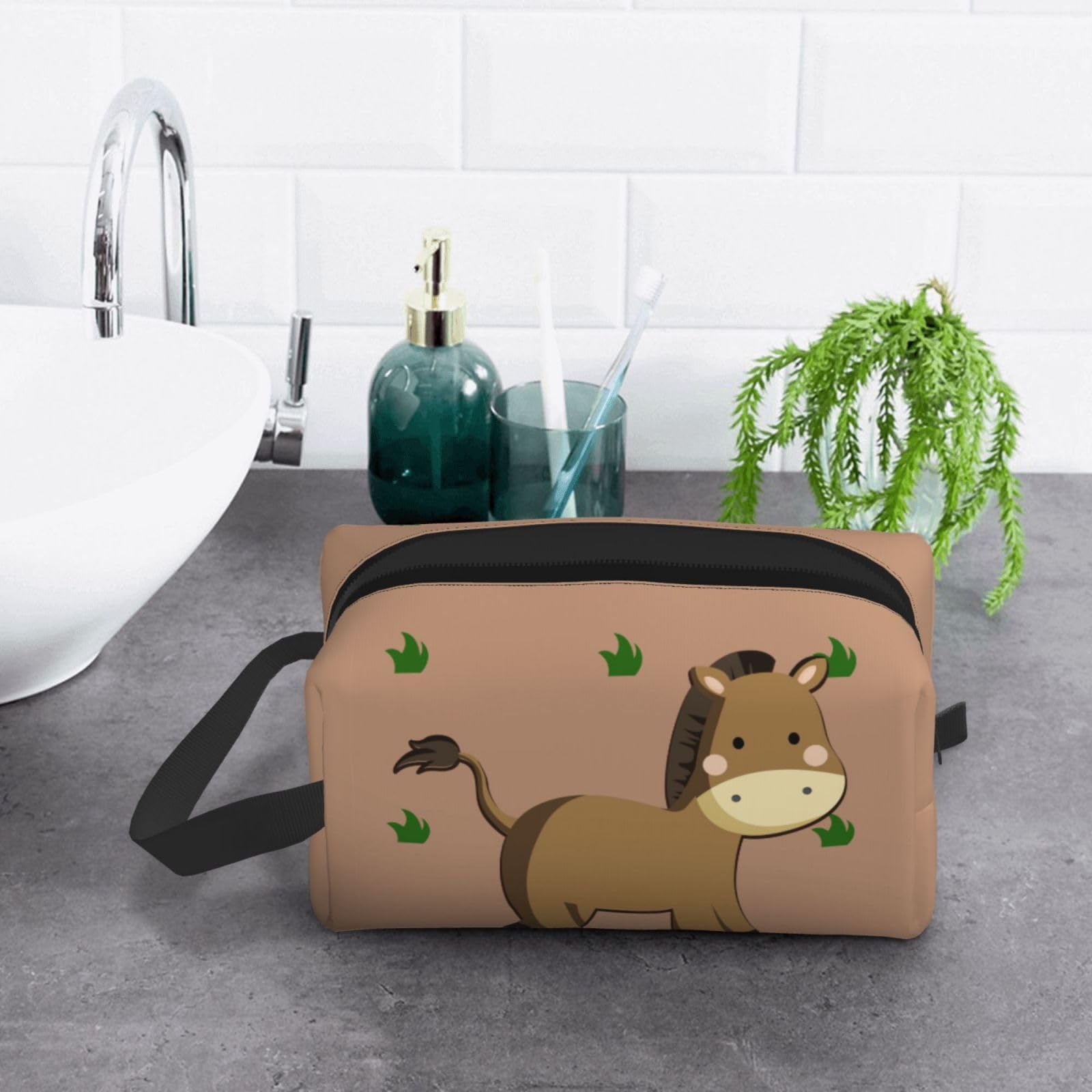 Large capacity cartoon donkey travel toiletry bag by SXZVVBN, featuring multiple compartments and a playful design for toiletries.