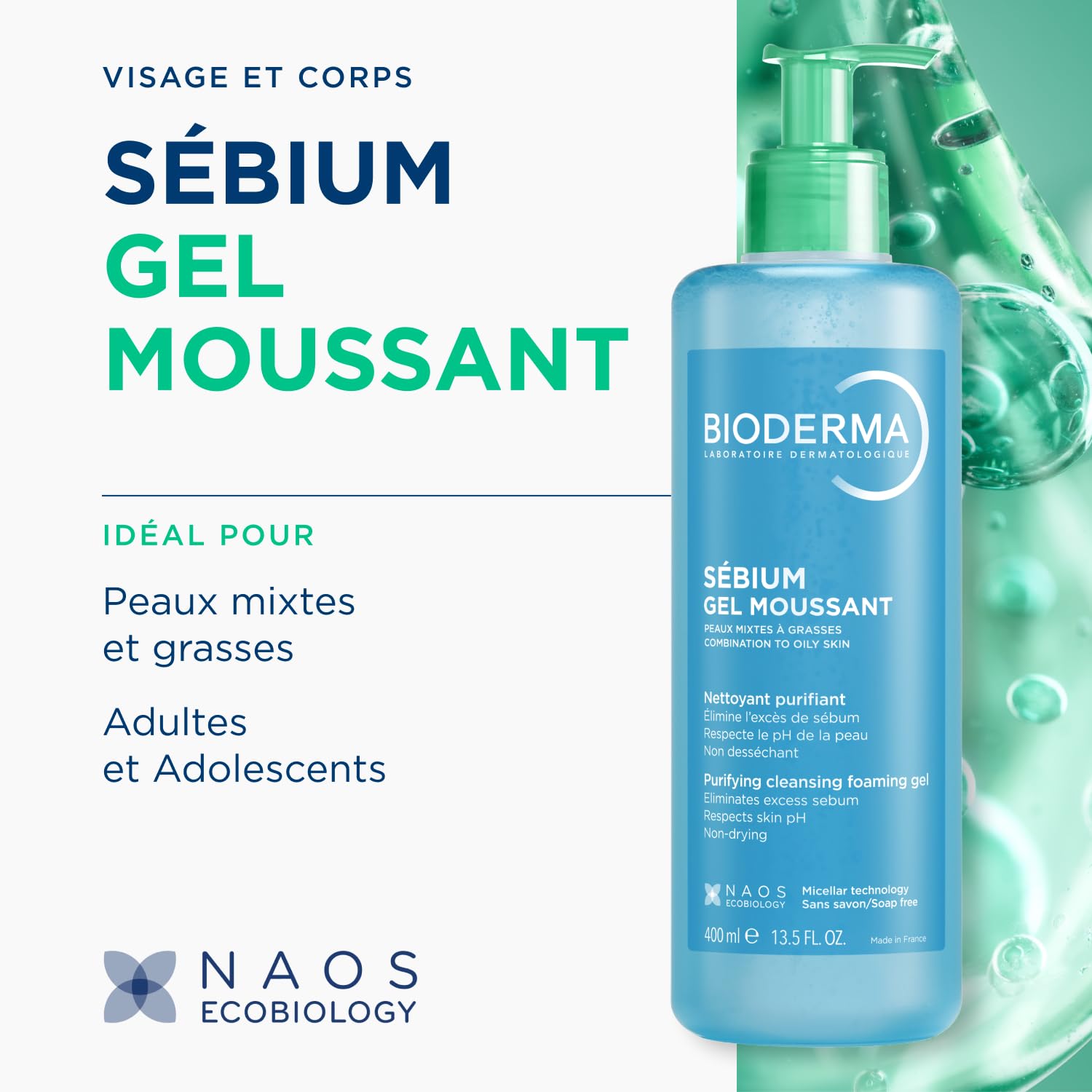 Bioderma Sébium foaming gel pump for cleansing and makeup removal, designed for combination to oily skin, 16.91 oz bottle.