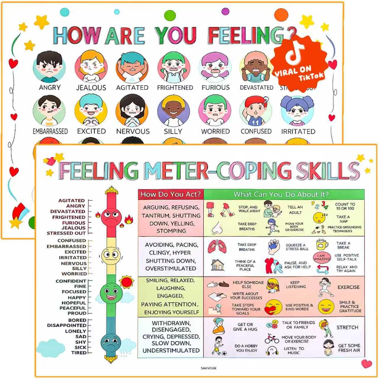 SAKVOGK Feelings Chart for Kids 2PCS - Emotions Poster Chart - Product Imagery