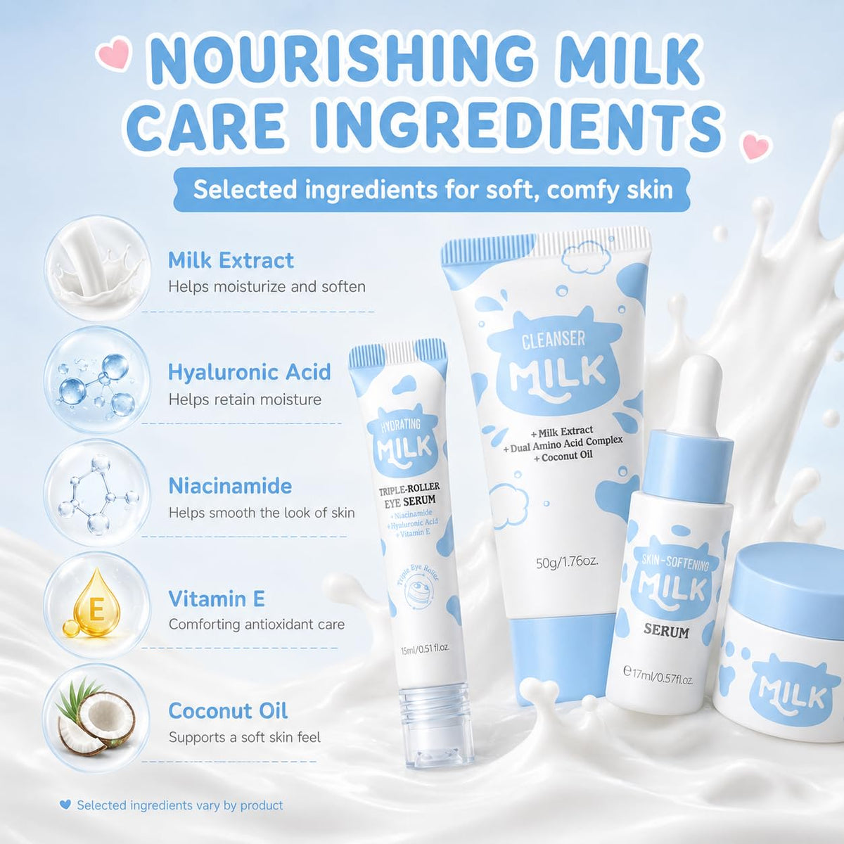 MrCuvaryas Milk Skincare Set for Kids - 13PCS Kids Face Care Kit with Toner, Cleanser, Cream, Serum, Sunscreen, Lip Balm
