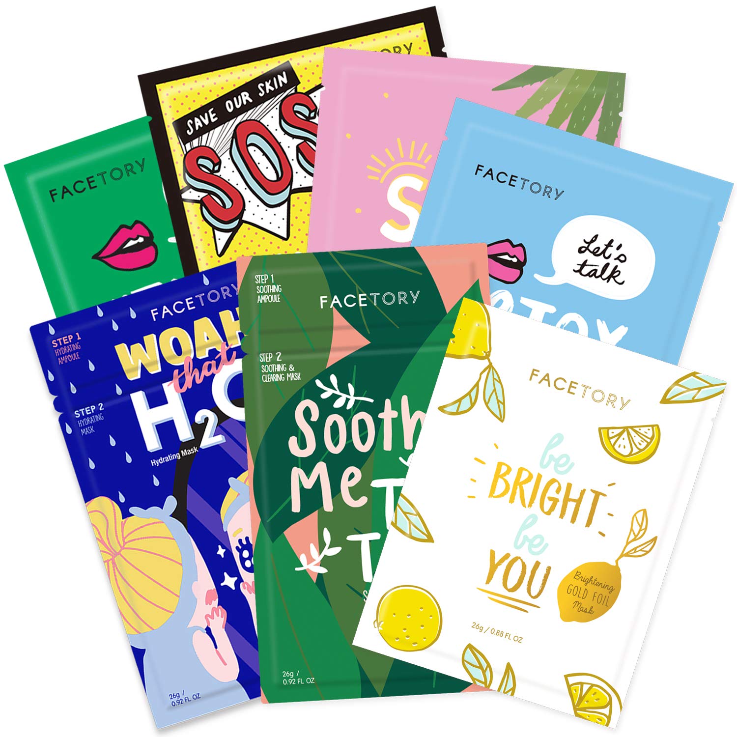 FACETORY Best of 7 Korean Face Mask Variety Pack, Radiance & - Product Imagery