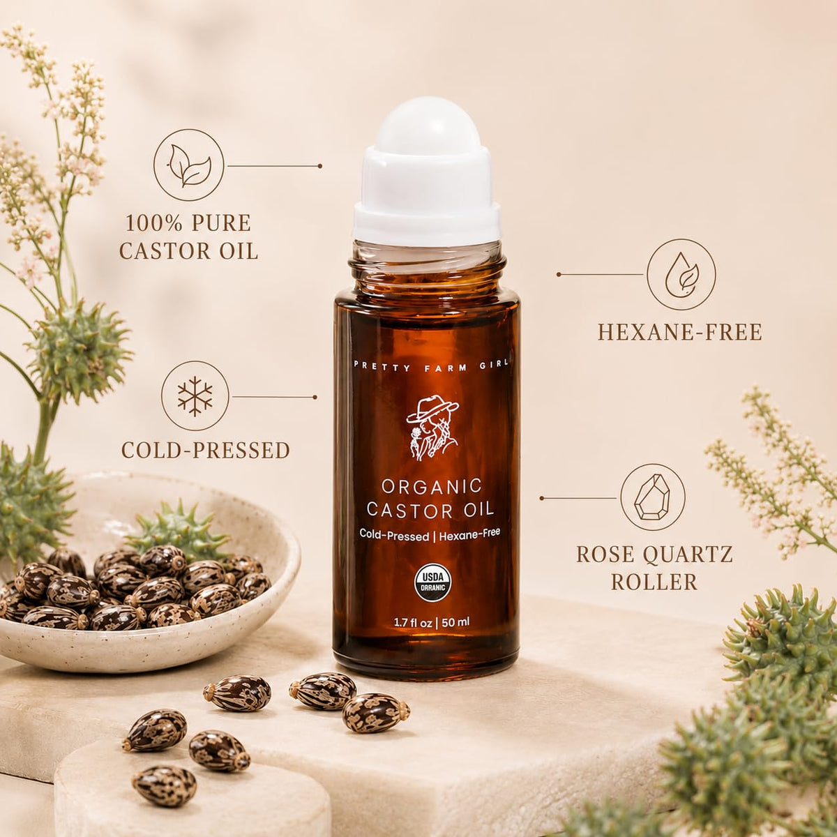 Pretty farm girl Organic Castor Oil Roller with Rose Quartz Roller Ball - 100% Pure Cold Pressed Hexane Free Roll On Cas
