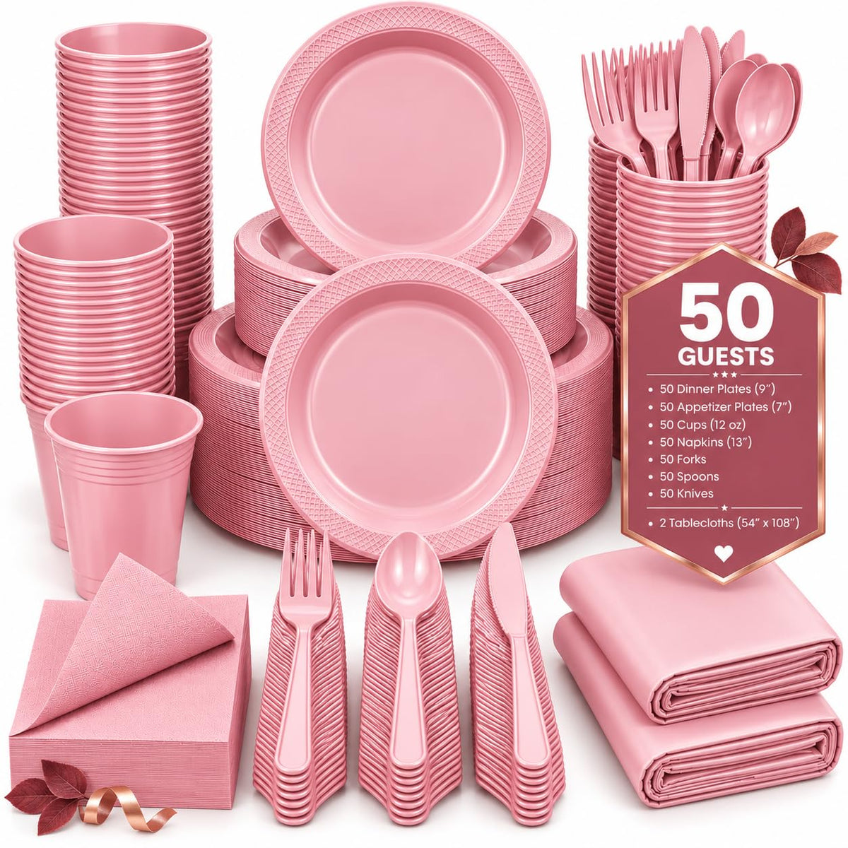 Tinybee 352 Pcs Pink Plastic Plates, Disposable Dinnerware Set for 50