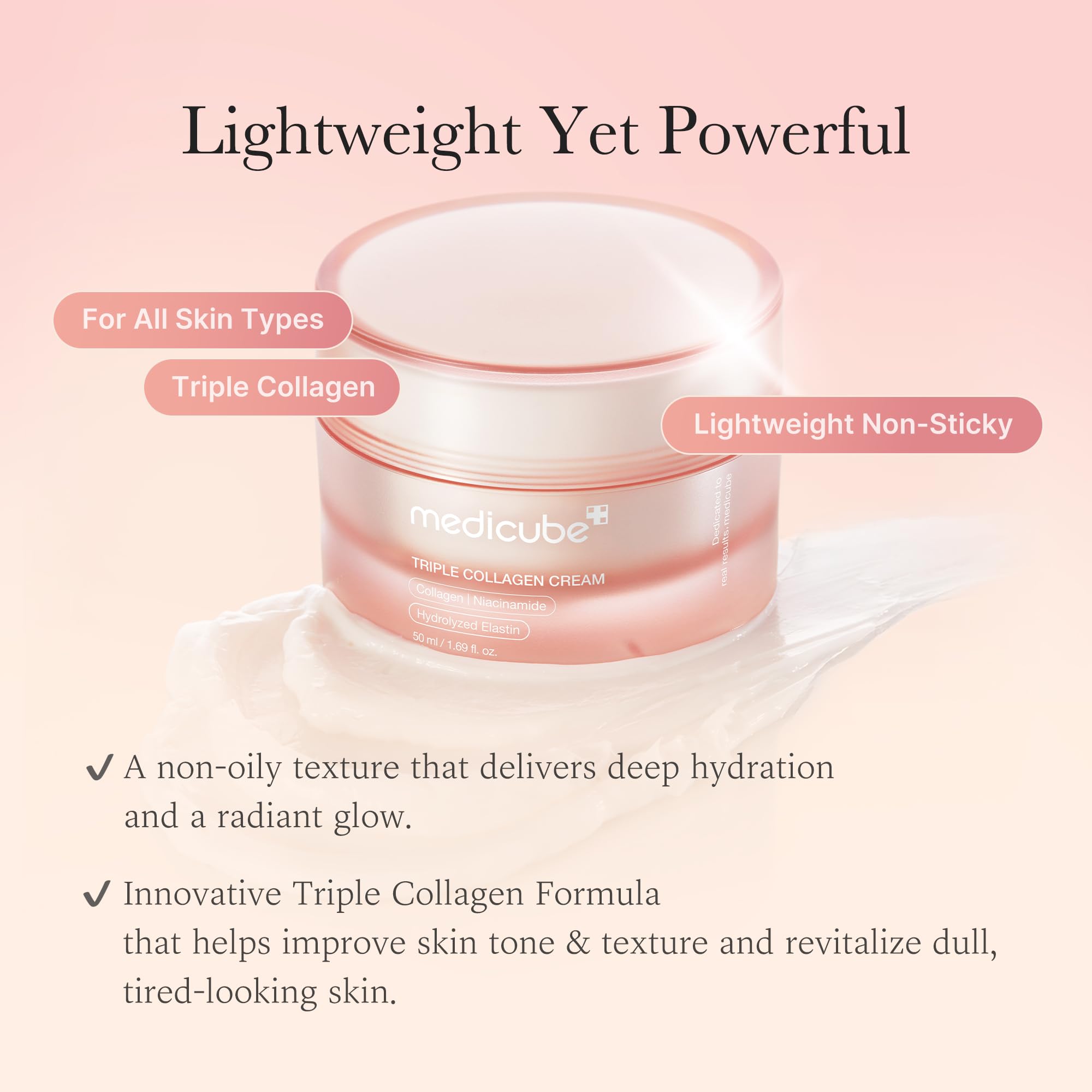 Medicube Triple Collagen Cream moisturizer in 1.69oz jar, showcasing its smooth, firming skincare formulation and packaging.