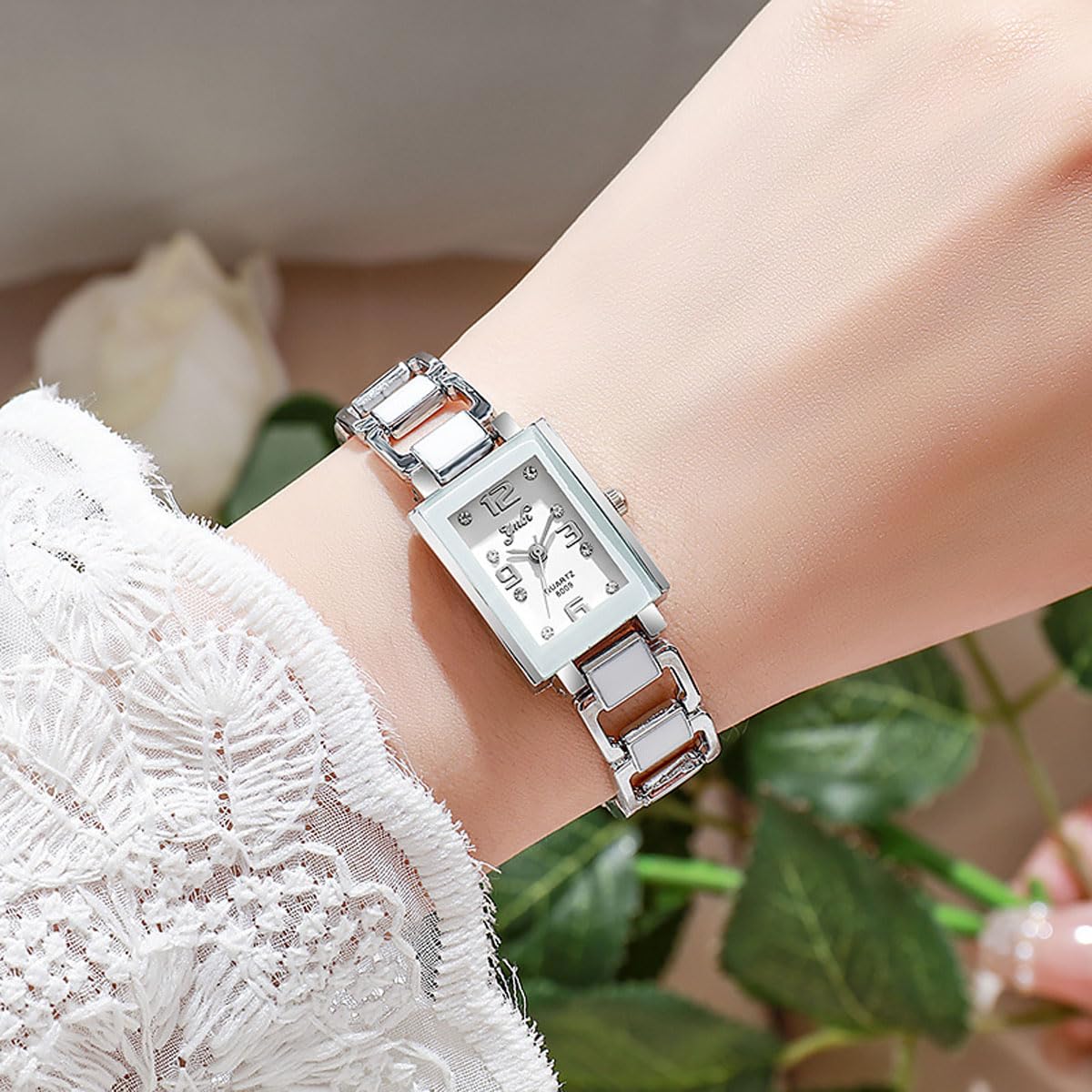 dayutech 4 Pack Women's Rectangular Watches Vintage Dress Analog Quartz Ladies Ceramic Bangle Bracelet White Rose Gold S