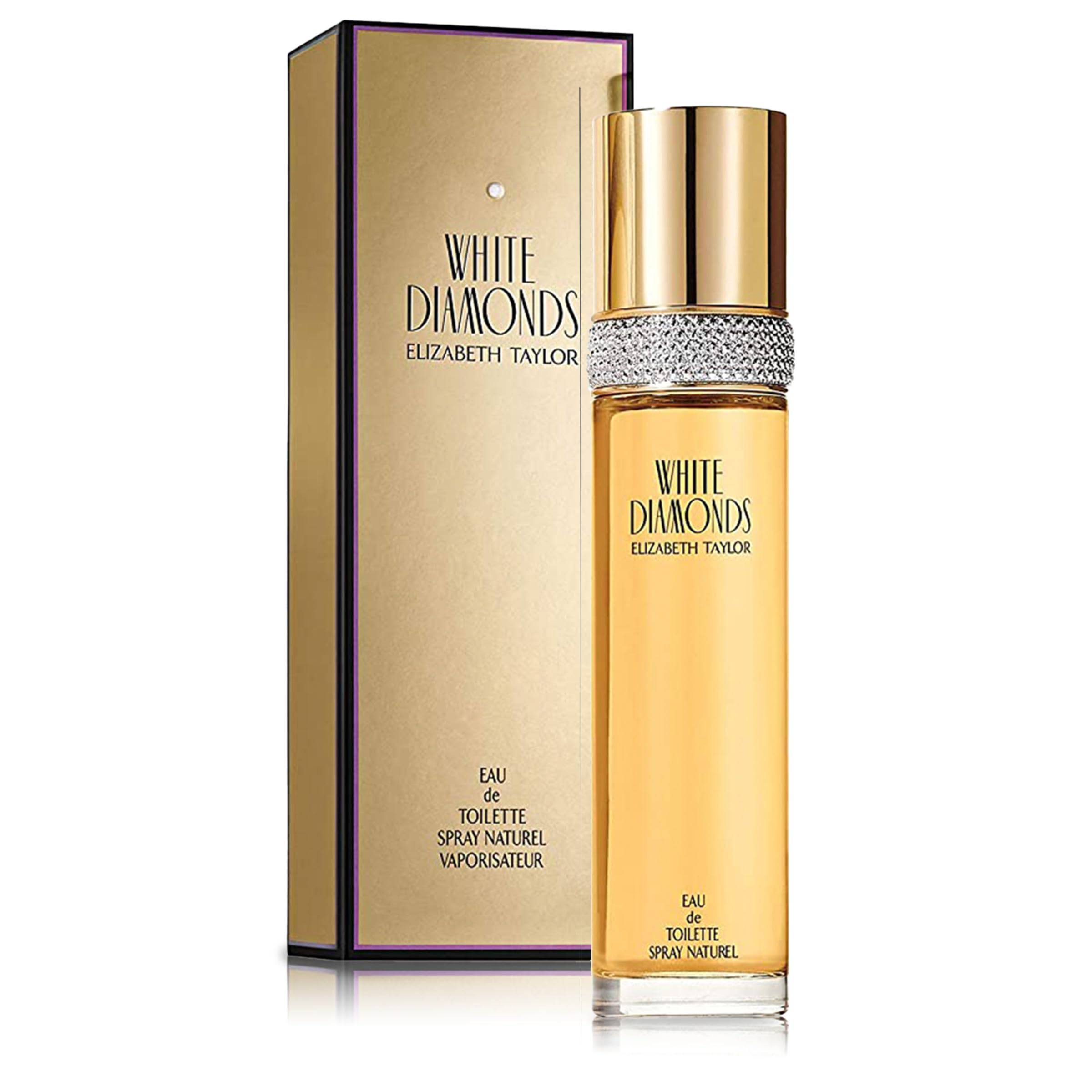 Elizabeth Taylor White Diamonds women's EDT bottle, 3.3 fl oz, elegant glass perfume bottle with white floral design