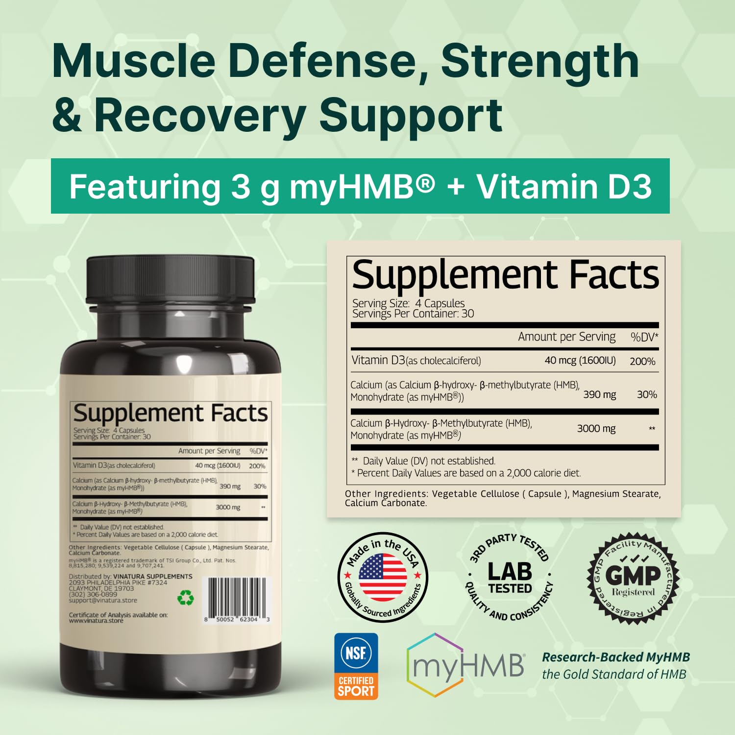 VINATURA HMB 3000mg + Vitamin D3 1600IU 120 Capsules