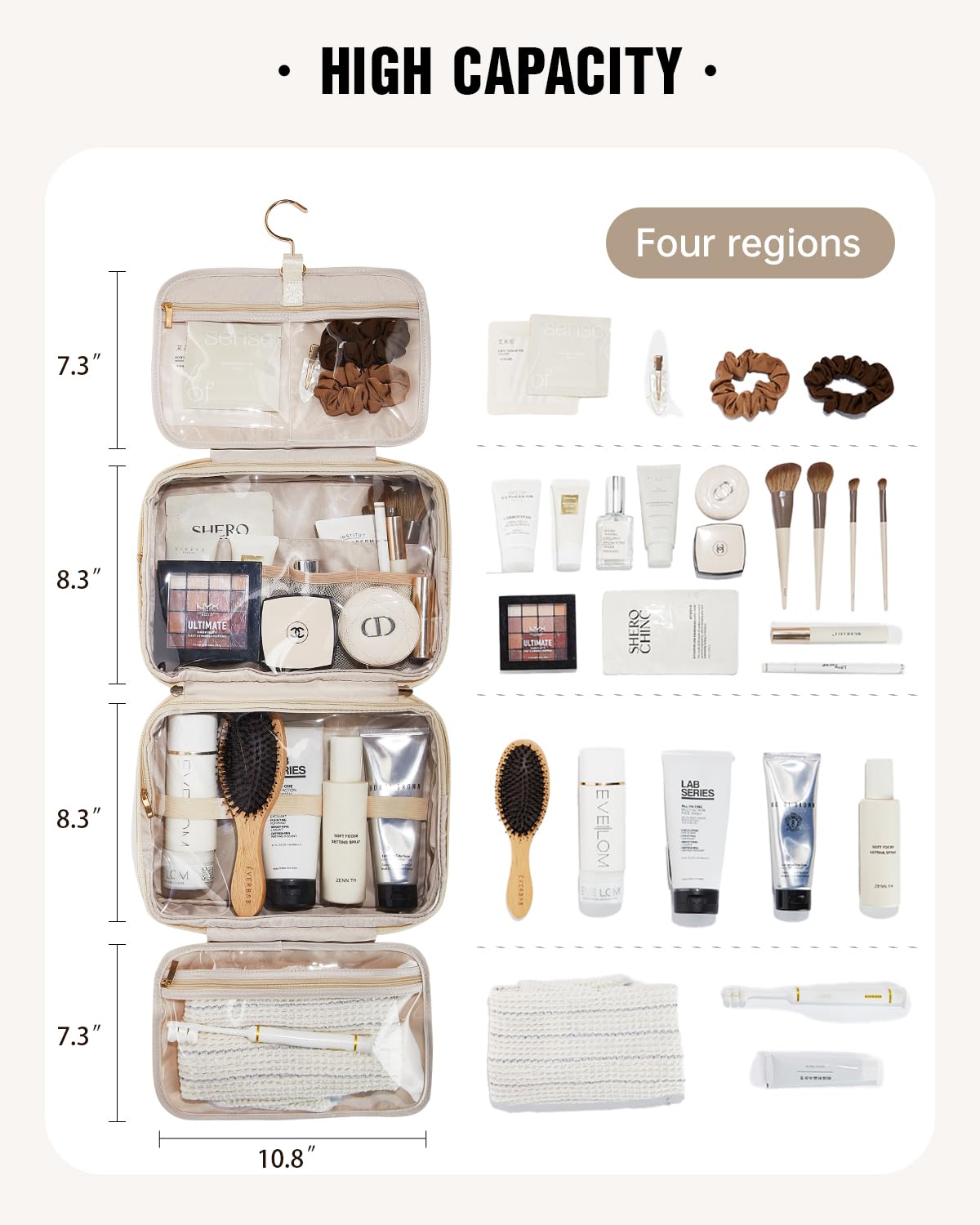 EACHY Toiletry Bag with Hanging Hook, Travel Makeup Bag PU Leather Cosmetic Bags for Women Make Up Organizer with 4 Comp