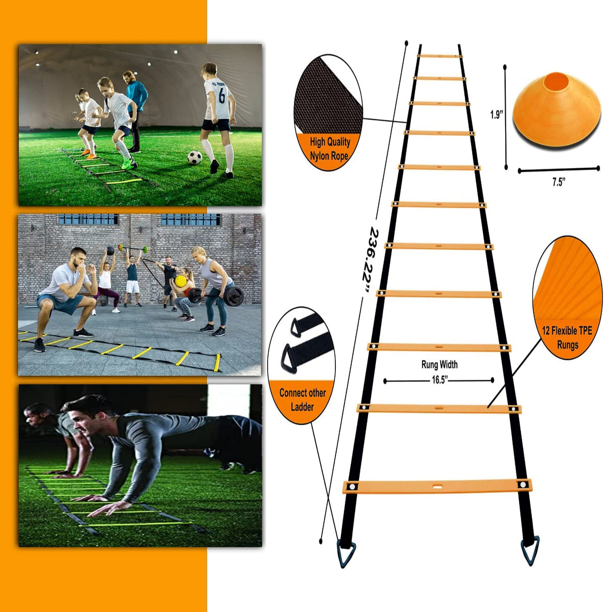 ENDIESS Agility Ladder Set 20ft, 4 Hurdles, 12 Soccer Cones, Jump Rope & Running Parachute - Speed Agility Training Equi