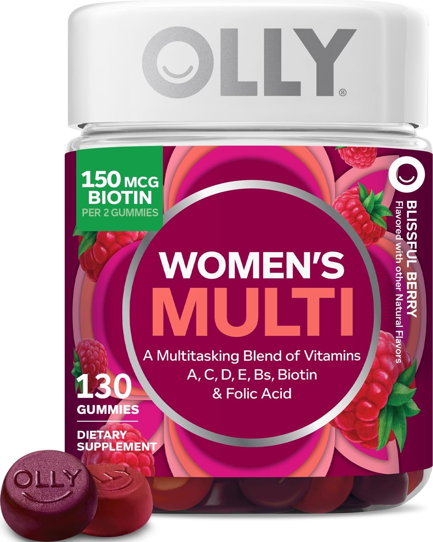 OLLY Women's Multivitamin bottle with 130 softgel capsules, supports overall wellness and contains biotin for healthy hair and skin.