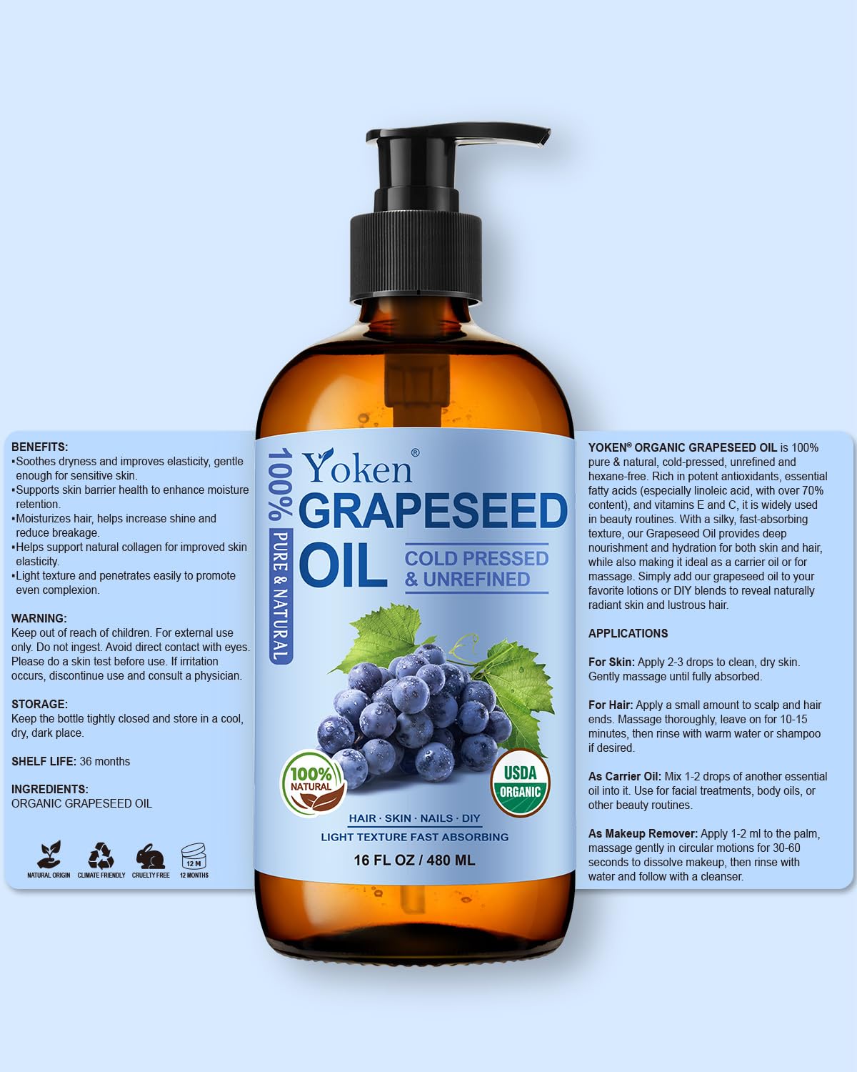 Yoken Organic Grapeseed Oil 16 oz Glass Bottle, Cold Pressed Carrier Oil