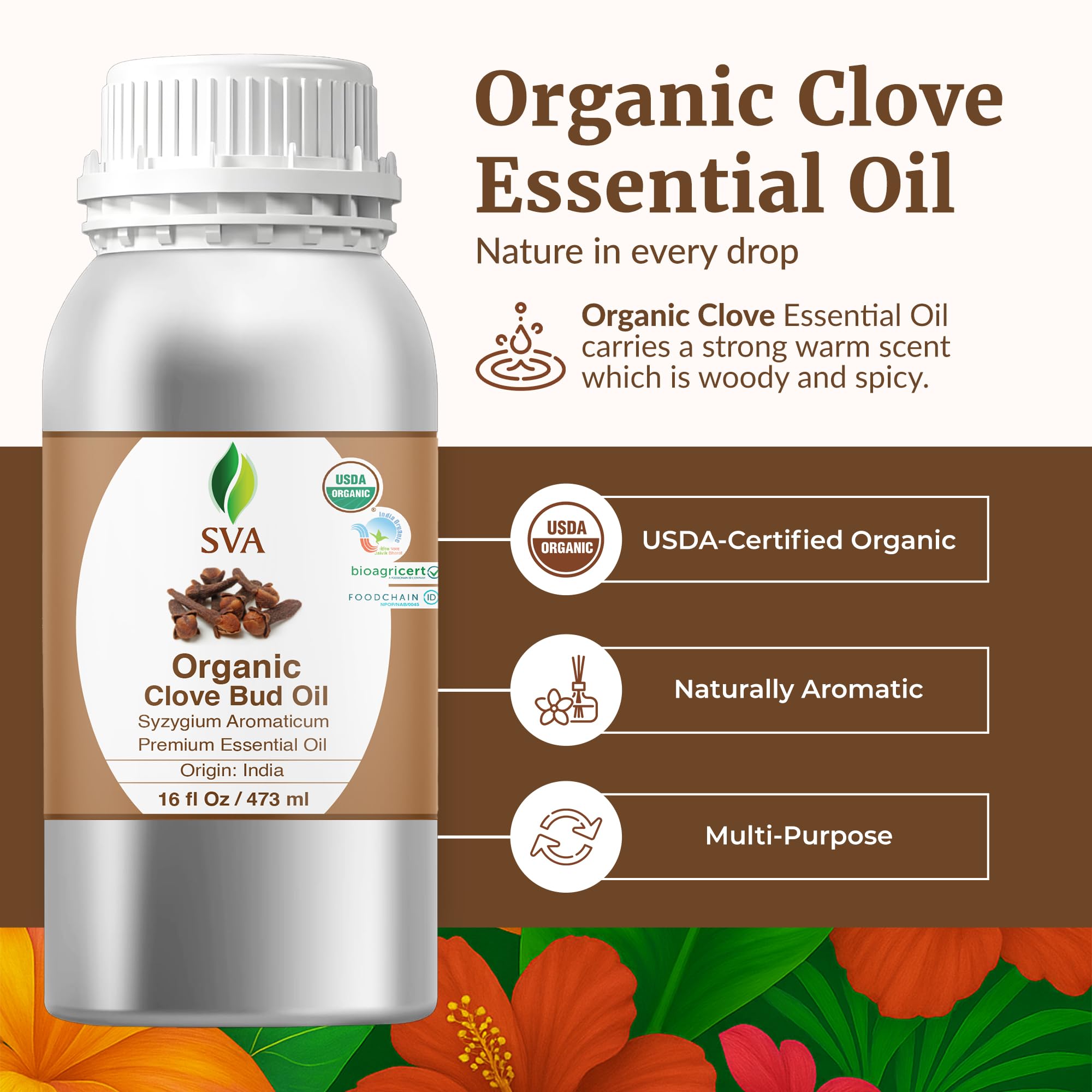 SVA Organic Clove Essential Oil, Huge Bottle, Large Size, 16 Fl Oz (473 ml)