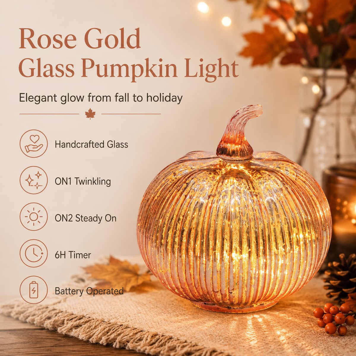 hvfun Rose Gold Glass Pumpkin Light with 2 Lighting Modes and 6-Hour Timer, 5.5 x 6 Inch Battery Operated Mercury Glass 