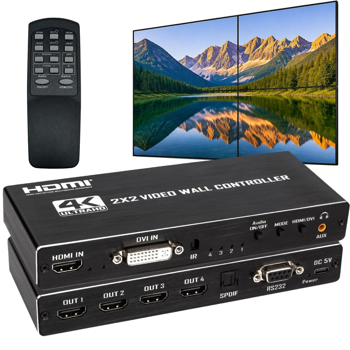 DEANFINN 2x2 4k Video Wall Controller, Transform 4 TV Screens into a Single Wall Display with HDMI & DVI 4K Input, 180° 