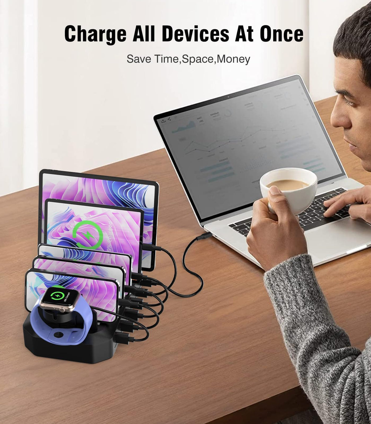 HSicily 95W Fast Charging Station for Multiple Devices, 6-Port USB Charging Dock – back view and specifications
