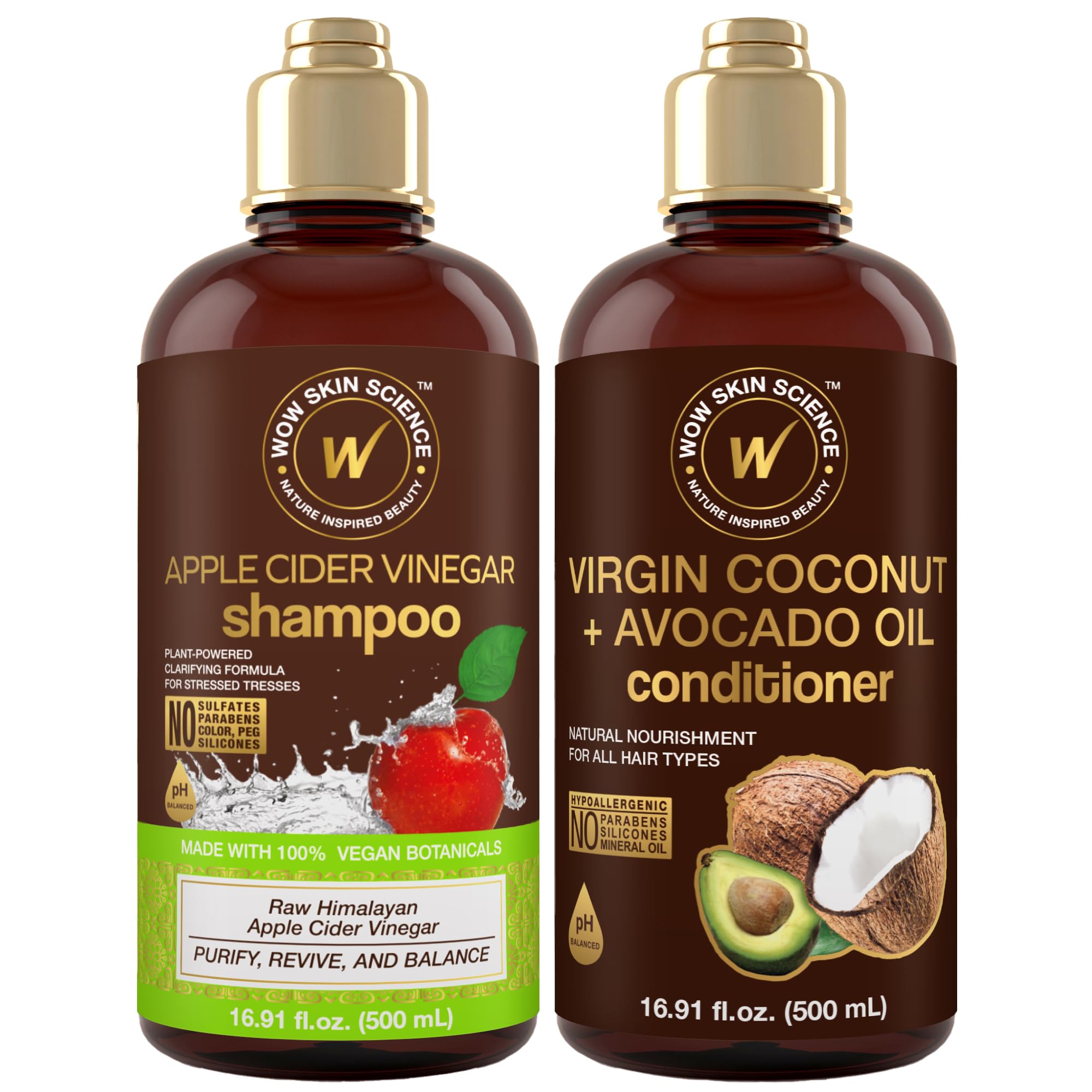 WOW Skin Science ACV shampoo and coconut avocado conditioner duo, 16.9 oz, hair cleaner and conditioner set with natural ingredients.