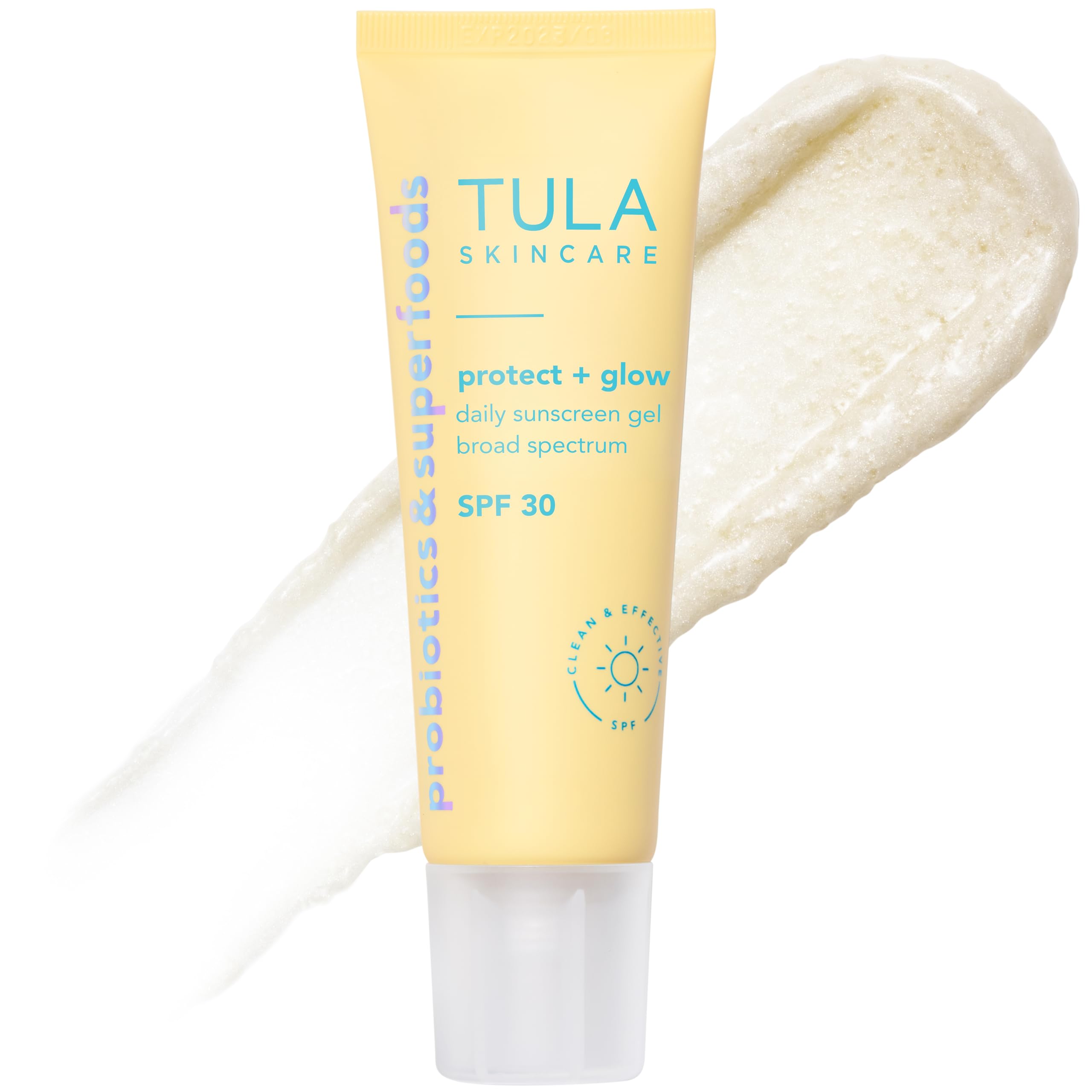 TULA Protect + Glow Daily Sunscreen SPF 30 gel in 1.7oz bottle, featuring clear gel texture and pump dispenser.