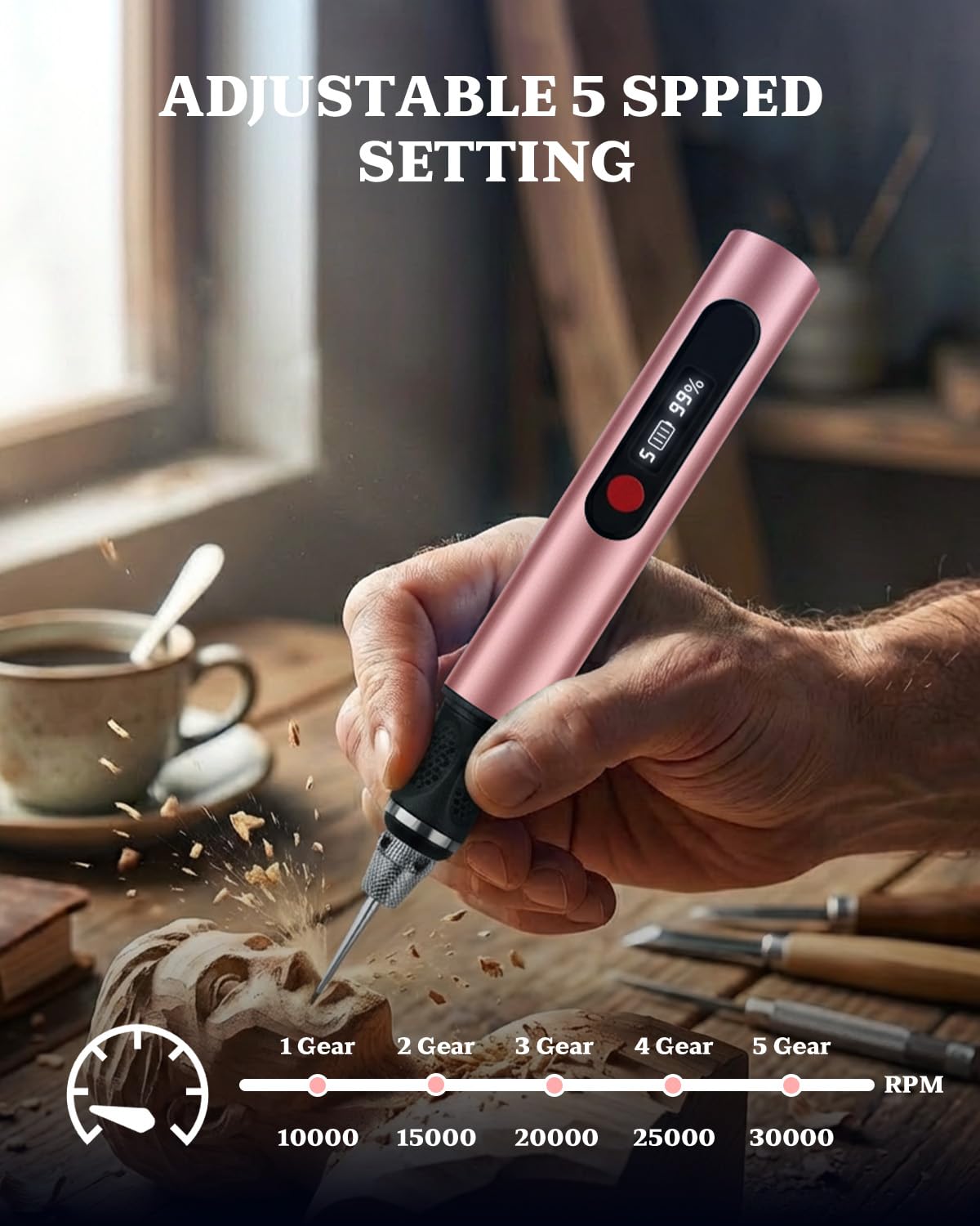 vueowcue Cordless Engraving Pen with LCD Display & Anti-Slip Grip,31 Bits & 5 Speeds, Electric Engraving Tool Kit for Al