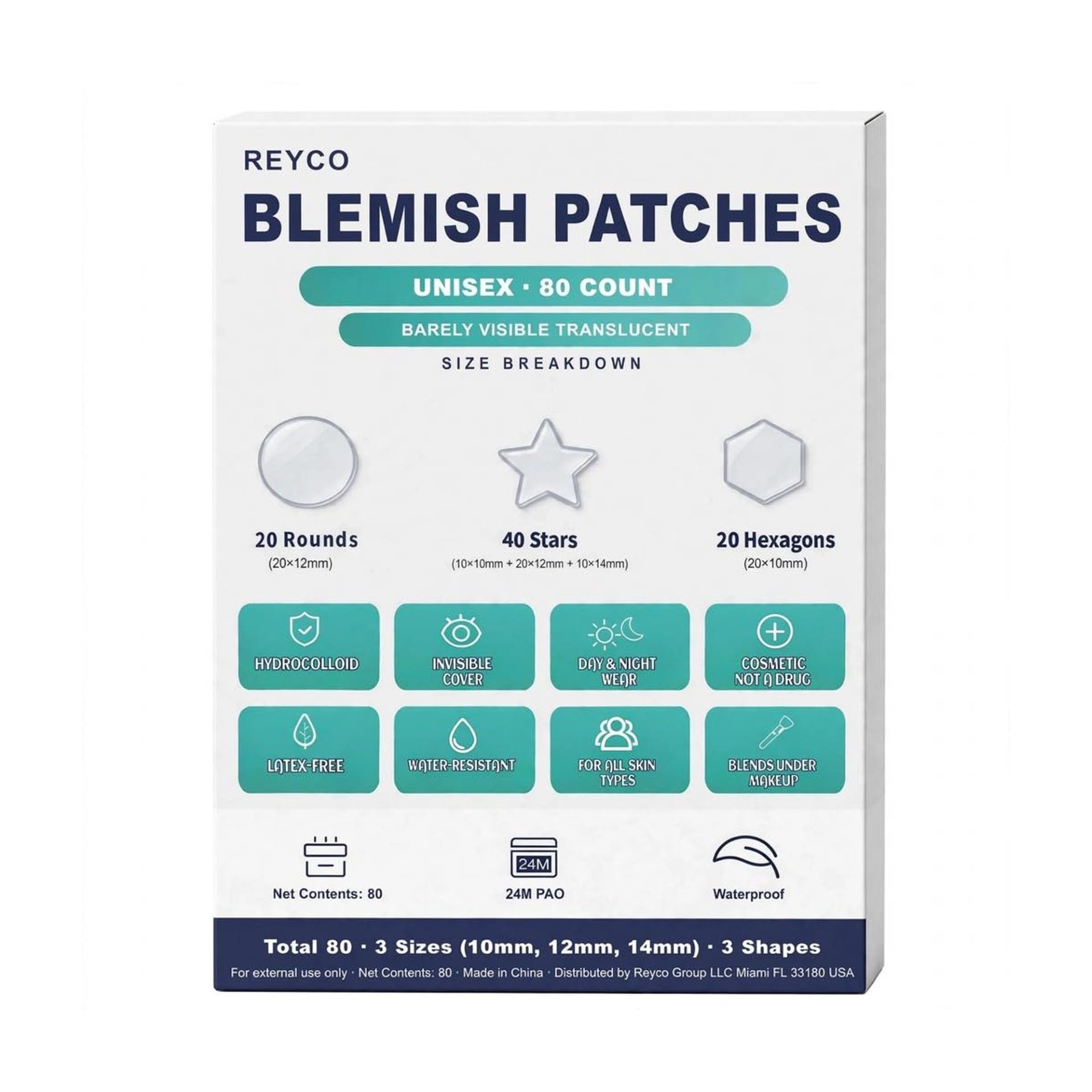 REYCO Unisex Blemish Patches 80 Count - 3 Shapes Mix Stars - Product Imagery