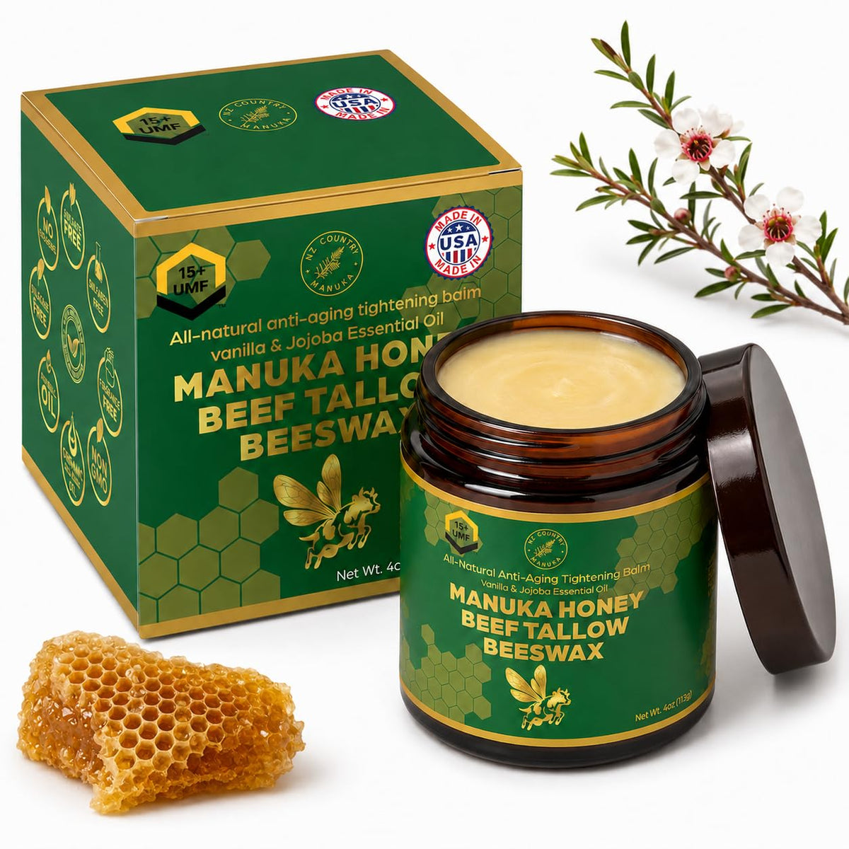 NZ Country Manuka NZ Country Organic Grass-Fed Beef Tallow Honey Balm with New Zealand UMF 15+ Certified Manuka Honey | 