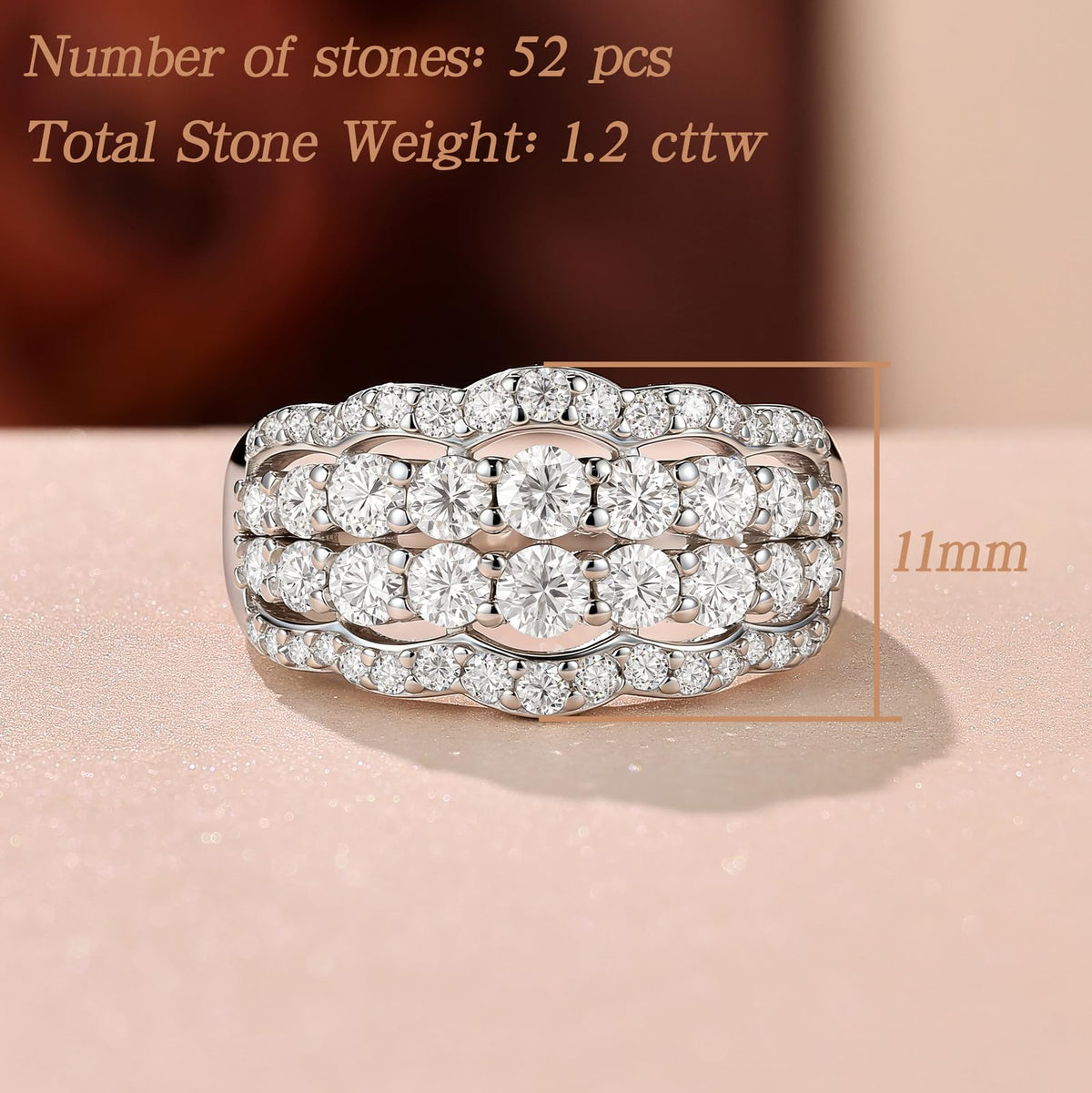 Wuziwen Moissanite Wide Wedding Bands for Women Engagement Eternity Rings – back view and specifications